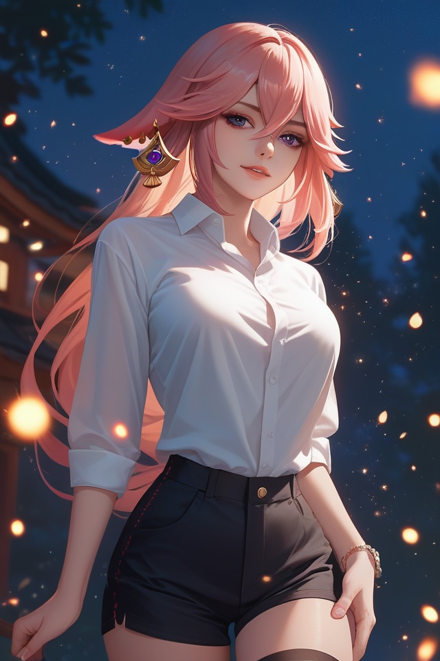 score_9,score_8_up,score_9,score_8_up,Yae Miko,white_shirt,collared_shirt,shorts,at night,fire particles,black ultra-thin stockings,