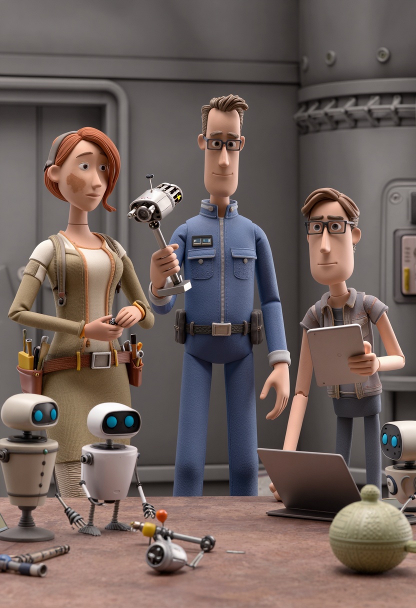 claymation,  a light-skinned ***** male engineer in his early 40s wearing a jumpsuit holding a small robotic arm,  a mediu...