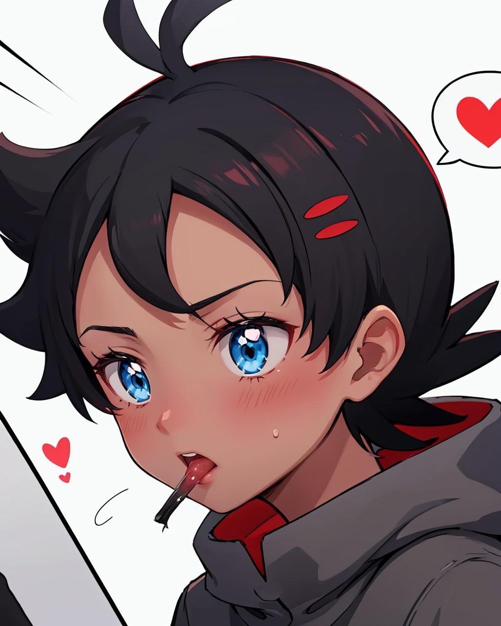 masterpiece,best quality, highly detailed, goh (pokemon),male focus, blush, 2boys, yaoi, sweat, dark-skinned male, white background, spoken heart, simple background, oral, solo focus, trembling,<lora:goh_(pokemon):1>
