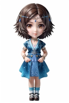 ((HRD, HUD, 8K)),((masterpiece, best quality)), highly detailed, soft light,chibi, big eyes, big head, 1girl, solo, hair ornament, short hair, black hair, brown hair, brown eyes, lips,jewelry, circlet, necklace,dress, blue dress, bracelet, high heels, simple background, white background, full body, long legs, standing, looking at viewer,<lora:20240312-1710253762951:0.72>
