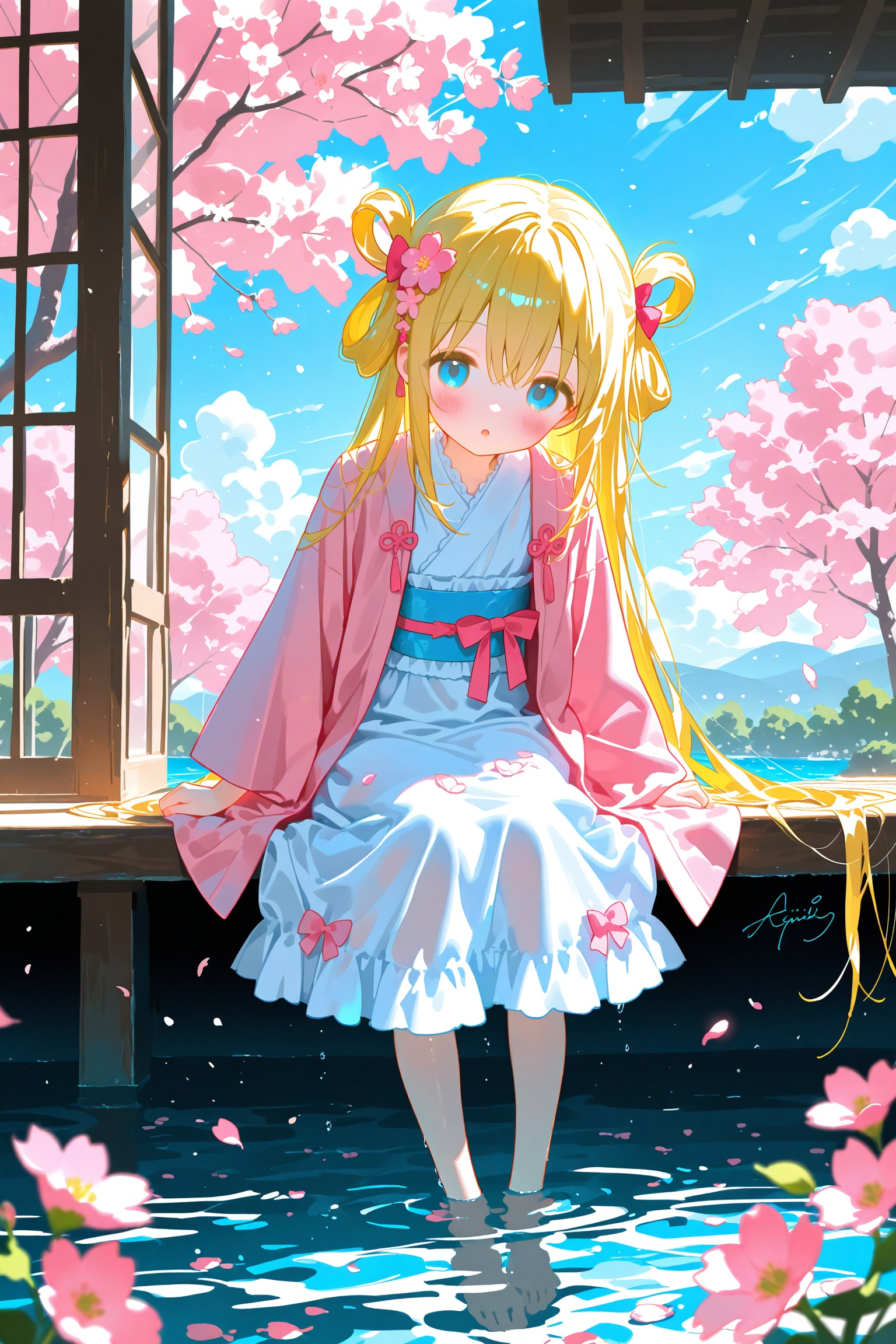 acid,loli,solo, 1girl, long hair, barefoot, blonde hair, very long hair, water, kimono, blue eyes, looking at viewer, japanese clothes, parted lips, long sleeves, sky, day, hair ornament, flower, blue sky, pink flower, white dress, :o, full body, wide sleeves, pink kimono, dress, hair flower, blush, leaning forward, hair between eyes, frills, sash, obi, outdoors, cloud, open clothes, standing, hair rings, cherry blossoms, jacket, sitting, frilled dress, breasts, open jacket, petals, signature, artist name, wading, pink jacket, bow, open mouth, skirt, twitter username, window, watermark, tree, hair bow, depth of field