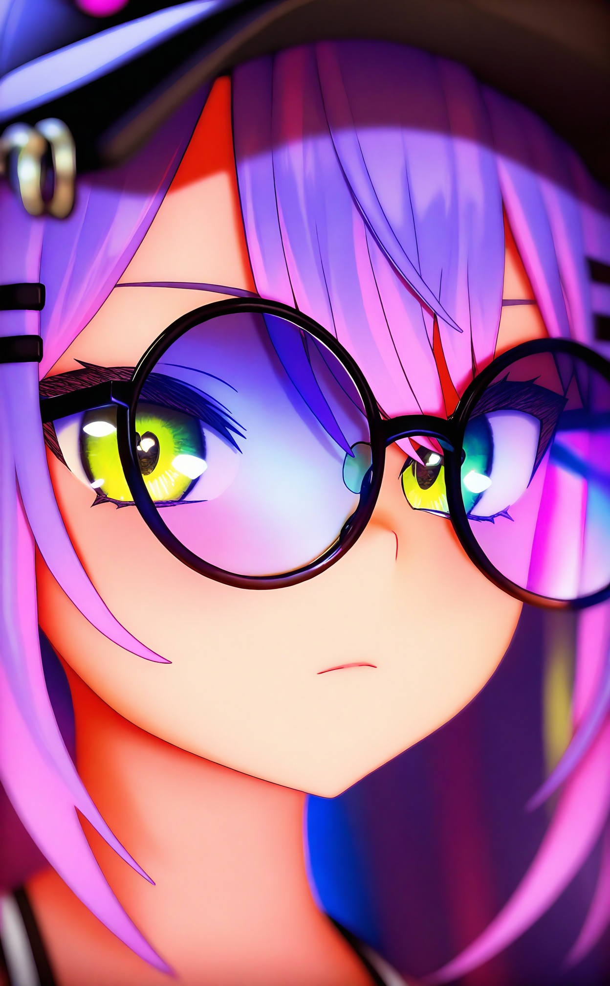 masterpiece,absurdres,best quality,loli,petite,high quality,chromatic_aberration,//,1girl,tokoyami towa,solo,purple hair,yellow eyes,looking at viewer,virtual youtuber,glasses,long hair,closed mouth,hat,hair between eyes,looking over eyewear,sunglasses,black headwear,close-up,eye focus,portrait,tokoyami towa (1st costume),black-framed eyewear,hairclip,hair ornament,tinted eyewear,round eyewear,purple theme,expressionless,symbol in eye,glass,baseball cap,//,Depth of field,(colorful),hdr,Tyndall effect,depth of field,Tyndall Effect,blurry,blurry_background,depth_of_field,bokeh,glowing,//,<lora:MMDguangwuran5——【noob】hans:1>,