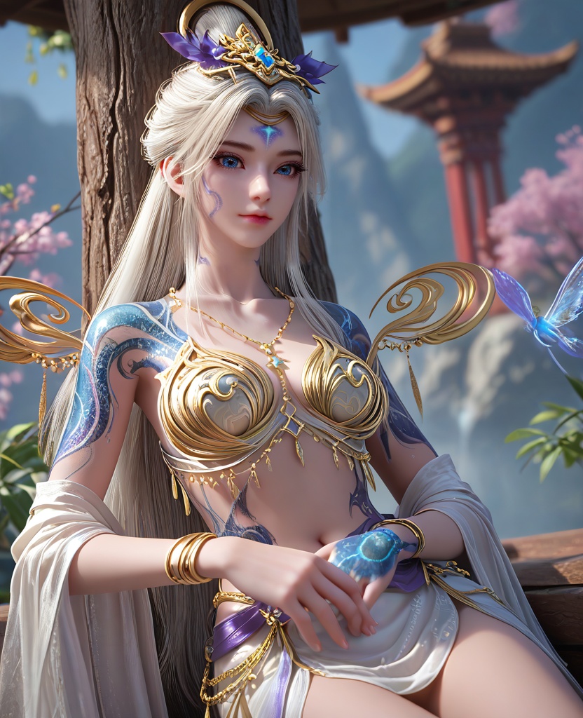(oriental architecture, elegant decor, sophisticated style:1.1),Resting against a tree trunk, legs stretched out, showing a tranquil moment,,(breasts:1.2),<lora:XL16完美世界莫仙:0.95>,miss moxian,white filigree bra,white chiffon skirt,blue eyes,white hair,very long hair,hair ornament,traditional chinese updo with long front strands,facial mark,necklace,(blue tattoo:1.3),(full right sleeve:1.3),hagoromo,, zPDXL2, score_9, score_8_up, score_7_up BREAK realistic, masterpiece,best quality, highly detailed,, zPDXL3, zPDXL2,zPDXL, zPDXLxxx, zPDXLrl,
