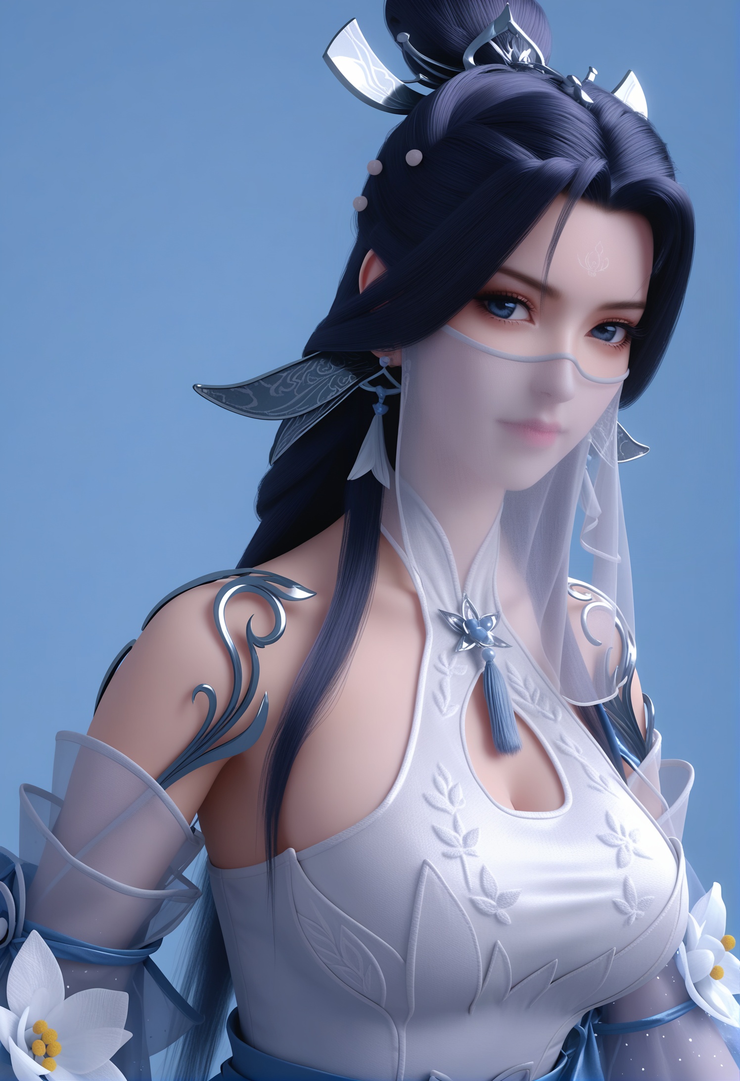 score_9,score_8_up,score_7_up,1girl,solo,realistic,(looking at viewer:1.1),1girl,solo,realistic,big breasts,veil,mouth veil,dress,white dress,white flower,tassel,chinese clothes,halter dress,detached sleeves,see-through sleeves,see-through,long sleeves,clothing cutout,cleavage cutout,blue dress,realistic,jewelry,hair ornament,earrings,1girl,solo,realistic,(mature face:1.2),big eye,(pale_skin:1.1),shiny_skin,slender face,long hair,black hair,hair bun,forehead mark,facial mark,blue eyes,eyelashes,bare shoulders,closed mouth,realistic,solid background,simple background,(magazine cover theme:0.75),(white chair:0.8),<lora:小巳-绫清竹pony:0.85>,