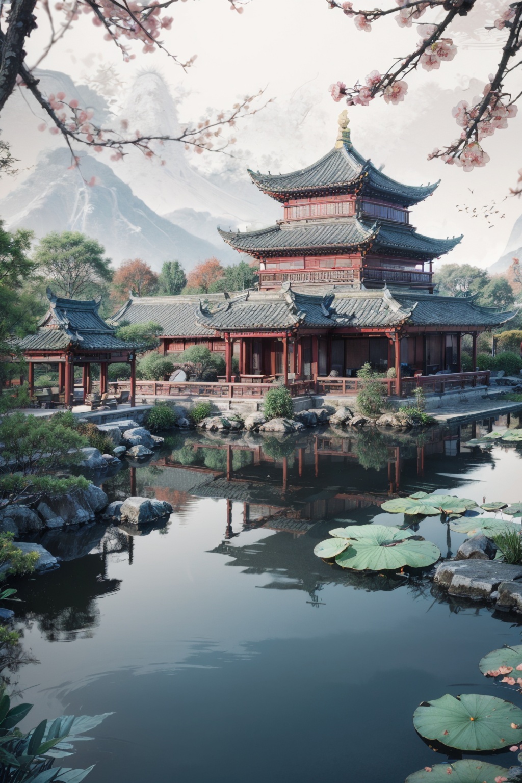 Realistic,best quality,masterpiece,8K,HDR,RAW,1girl,<lora:add_detail:0.6>,mount,water,water lily,chinese style,east asian architecture,<lora:ENNE 水墨丹青_v09:1>,smdq,