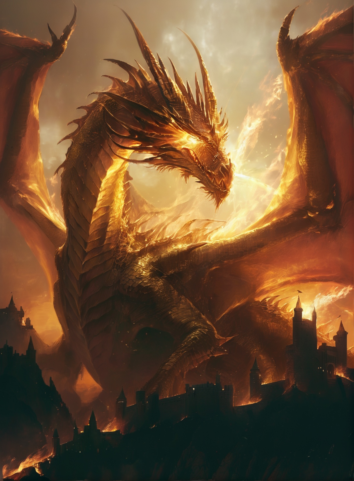 a majestic dragon with glowing orange eyes, emerging from a fiery backdrop. The dragon's scales are intricately detailed, showcasing a mix of gold and brown hues. Its wings are spread wide, and it seems to be hovering above a castle or fortress that is engulfed in flames. The castle is situated on a hill, surrounded by mountains, and is illuminated by the dragon's fiery breath. The sky is filled with dark clouds, adding to the dramatic and intense atmosphere of the scene<lora:KING Gardon-000010:1>