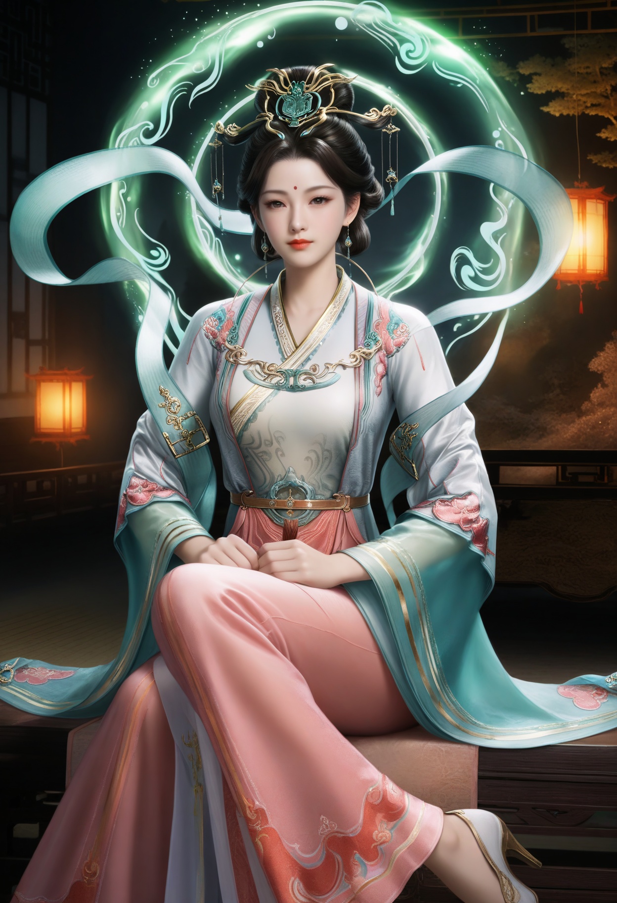 masterpiece,best quality,amazing quality,very aesthetic,high resolution,ultra-detailed,absurdres,scenery,photorealistic,(looking at viewer:1.1),(Dark room:1.3),(moody lighting:1.1),peach blossom,falling petals,(large breasts:0.8),xiwangmu,1girl,solo,black hair,hair ornament,jewelry,earrings,chinese clothes,forehead mark,light particles,swirling aura,realistic,hair bun,shawl,hanfu,red lips,long sleeves,closed mouth,high heels,sitting BREAK photorealistic details,<lora:QQSillxiwangmuV1:0.8>,