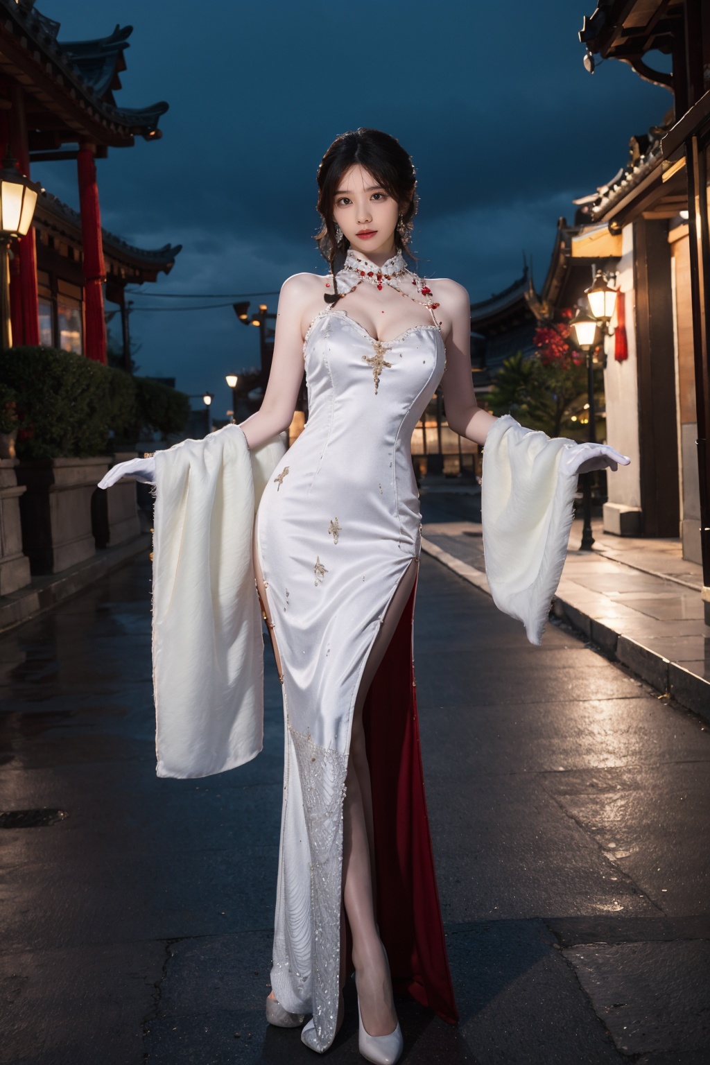 best quality,masterpiece,highres,extremely detailed cg unity 8k wallpaper,night,outdoors,cityscape,1girl,solo,facing viewer,standing,full body,gigantic breasts,<lora:GoodHands-beta2:1>,<lora:lemon0025-Golden Powder Dream Cheongsam_v1:0.9>,lemon0025,china dress,side slit,white gloves,white dress,jewelry,gem,high heels,