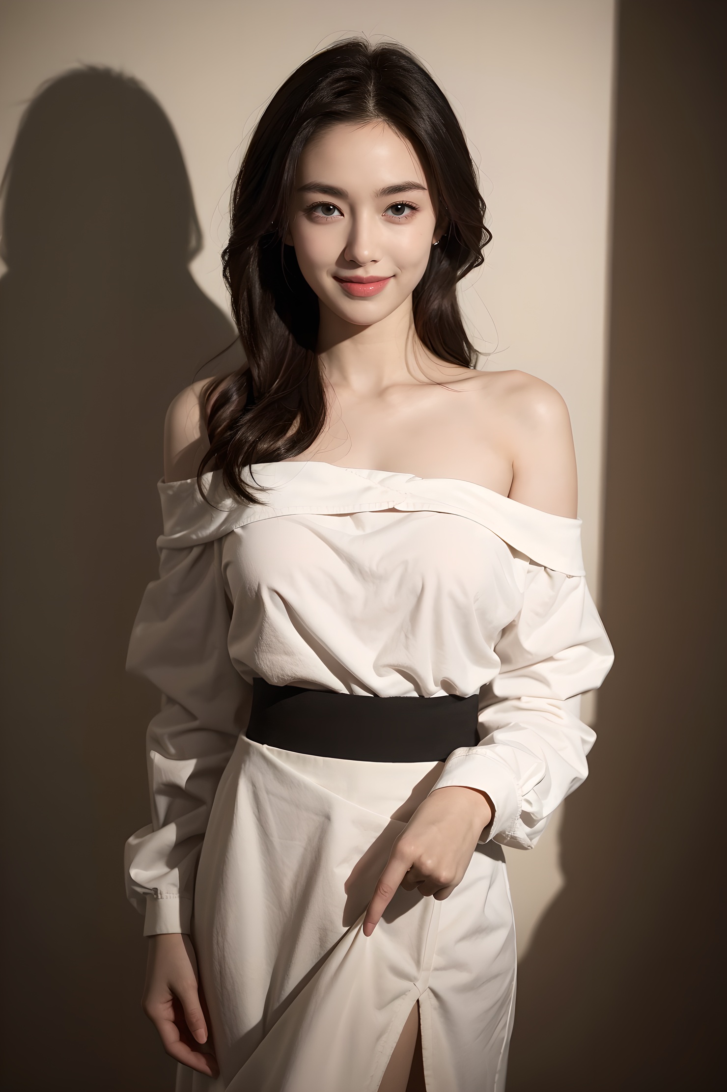 1girl, offshoulder, smile, cute, waist up, deep shadow, in the dark, low key.best quality, masterpiece, (photorealistic:1.4) .