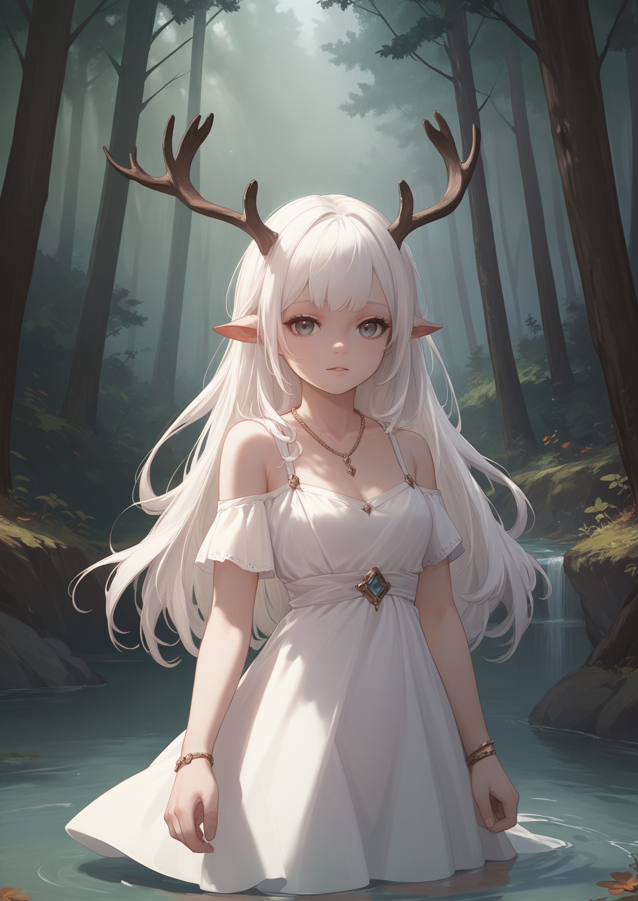 score_10,score_9,score_8_up,score_7_up,1girl,jewelry,dress,tree,nature,white hair,solo,outdoors,long hair,horns,water,antlers,forest,necklace,blurry,looking_at_viewer,eye-contact,