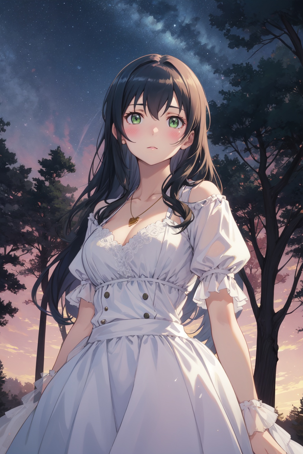<lora:Saori-000014:0.8>,Saori cyql,1girl,looking at viewer,solo,black hair,long hair,green eyes,necklace,jewelry,blush,Tulle ball gown,evil smile,cowboy_shot,beautiful face,beautiful eyes,glossy skin,shiny skin,Sunset, Savanna, Grassland, Trees, Silhouettes, Colors, Wildlife, Horizon,(Moonflowers, Jasmine, Silver foliage, Moonlight shadows, Serenity, Night fragrance:0.5),beautiful detailed sky,beautiful detailed glow,posing in front of a colorful and dynamic background,masterpiece,best quality,beautiful and aesthetic,contrapposto,female focus,wallpaper,fashion,