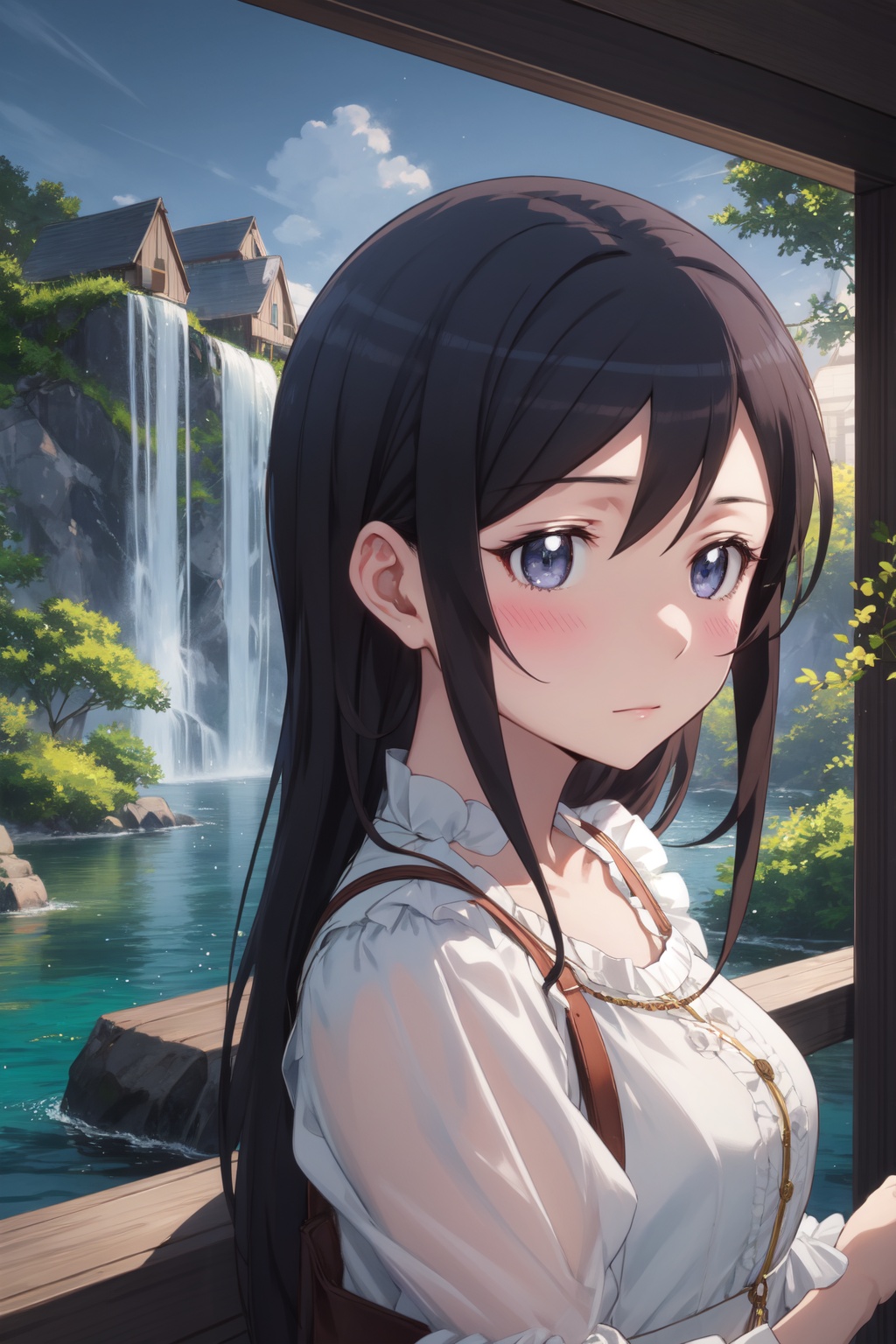 <lora:Ayase-000015:0.8>,Ayase cyql,1girl,looking at viewer,solo,long hair,black hair,blue eyes,blush,Floral print smocked sundress with puff sleeves and a ruffled hem,sad,portrait,beautiful face,beautiful eyes,glossy skin,shiny skin,Fjord, Glacier, Icebergs, Turquoise water, Mountains, Waterfalls, Seals, Exploration,(Moss-covered stones, Moss garden, Spring rain, Zen serenity, Refreshing drizzle, Japanese tranquility:0.5),beautiful detailed sky,beautiful detailed glow,posing in front of a colorful and dynamic background,masterpiece,best quality,beautiful and aesthetic,contrapposto,female focus,wallpaper,fashion,