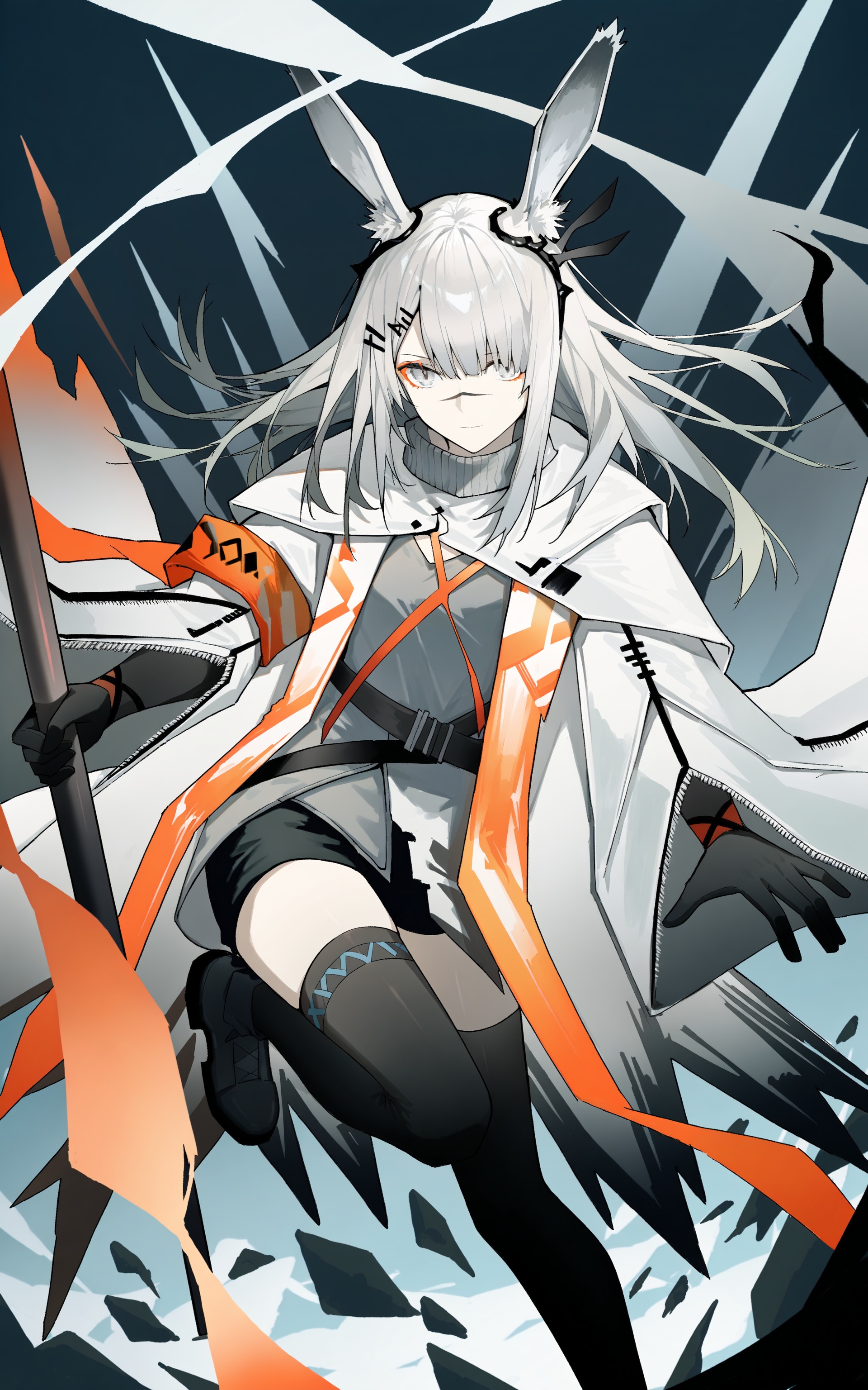 1girl, frostnova \(arknights\), animal ears, solo, thighhighs, black gloves, gloves, rabbit ears, long hair, originium arts \(arknights\), hair ornament, grey eyes, holding, black thighhighs, hairclip, scar on nose, coat, shorts, looking at viewer, scar on face, black shorts, grey shirt, open coat, scar, open clothes, grey hair, white hair, white coat, weapon, boots, animal ear fluff, shirt