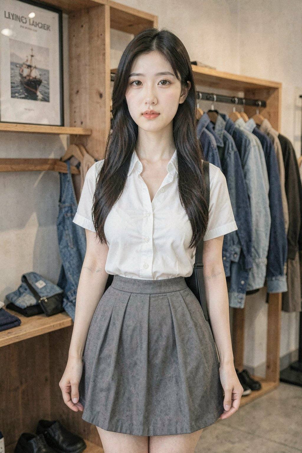 The image is a high-resolution photograph of an East Asian woman standing indoors, likely in a store or boutique. She has long, straight dark brown hair, fair skin, and a petite physique. She is wearing a crisp, white button-up blouse with short sleeves, which is tucked into a high-waisted, pleated grey skirt that flares out slightly. The blouse has a modest neckline, and she is accessorized with a black shoulder bag slung across her body. Her makeup is subtle, with a focus on natural tones, and her expression is neutral.In the background, there is a wooden shelving unit filled with various items, including denim jackets and shirts, with a few hanging from hooks. A framed poster with text and an image of a ship is visible on the left side of the shelving unit. The lighting is soft and warm, casting a cozy ambiance. The room has a mix of modern and rustic elements, with the wooden shelving unit and the warm lighting contrasting with the contemporary style of her outfit. The overall atmosphere suggests a casual yet chic shopping environment.