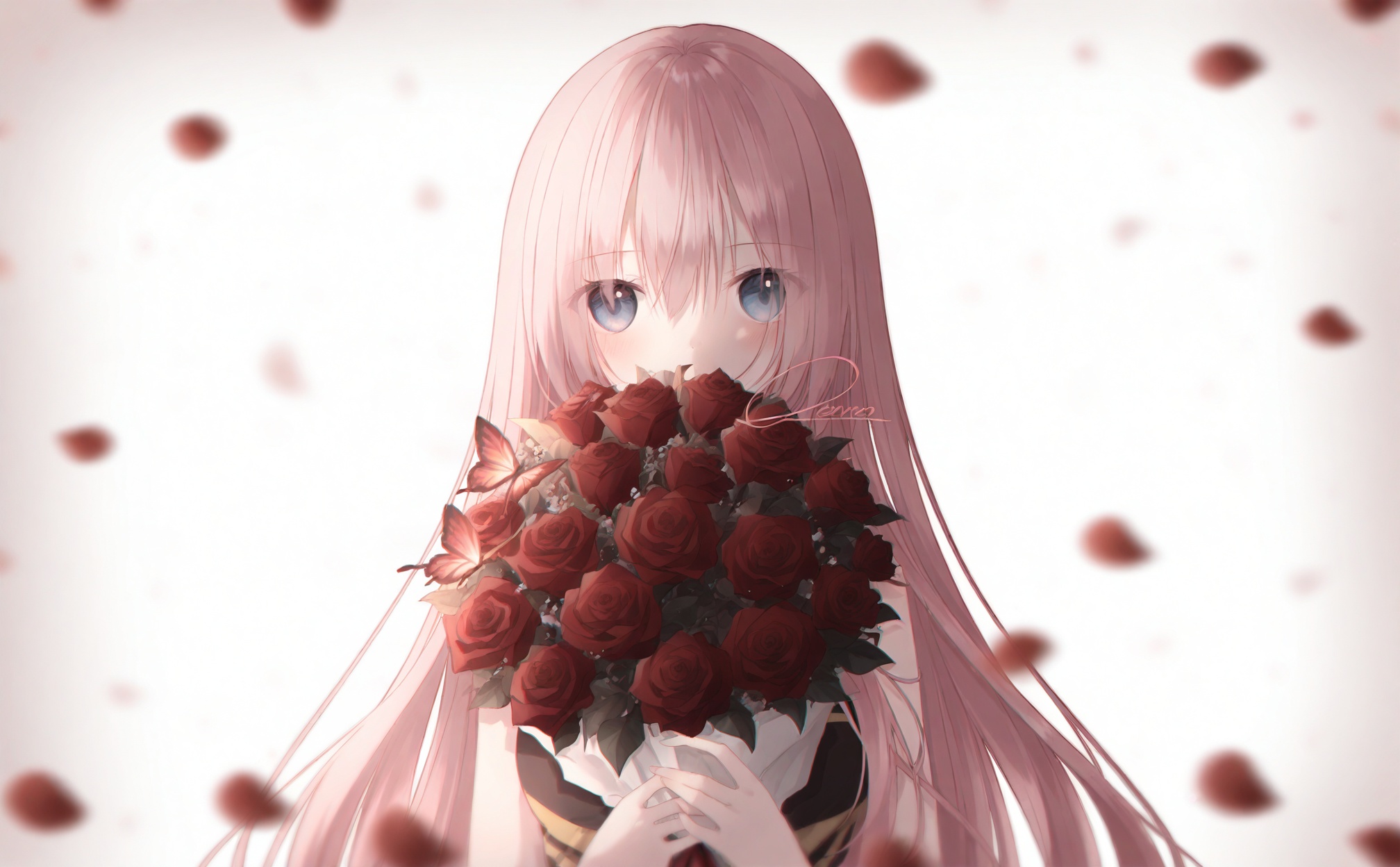 best, 1girl, solo, long hair, bouquet, bug, flower, butterfly, holding, megurine luka, blue eyes, petals, pink hair, red flower, holding bouquet, looking at viewer, rose, signature, blurry, upper body, red rose, depth of field, very long hair, hair between eyes, covered mouth, holding flower, blurry foreground, dress, falling petals, rose petals, blurry background, blush, bare arms, artist name, straight hair, bare shoulders, white background, hands up, covering own mouth, motion blur, eyelashes, sleeveless, eyes visible through hair, simple background, grey background, backlighting, <lora:lp42.e-000046:0.8>