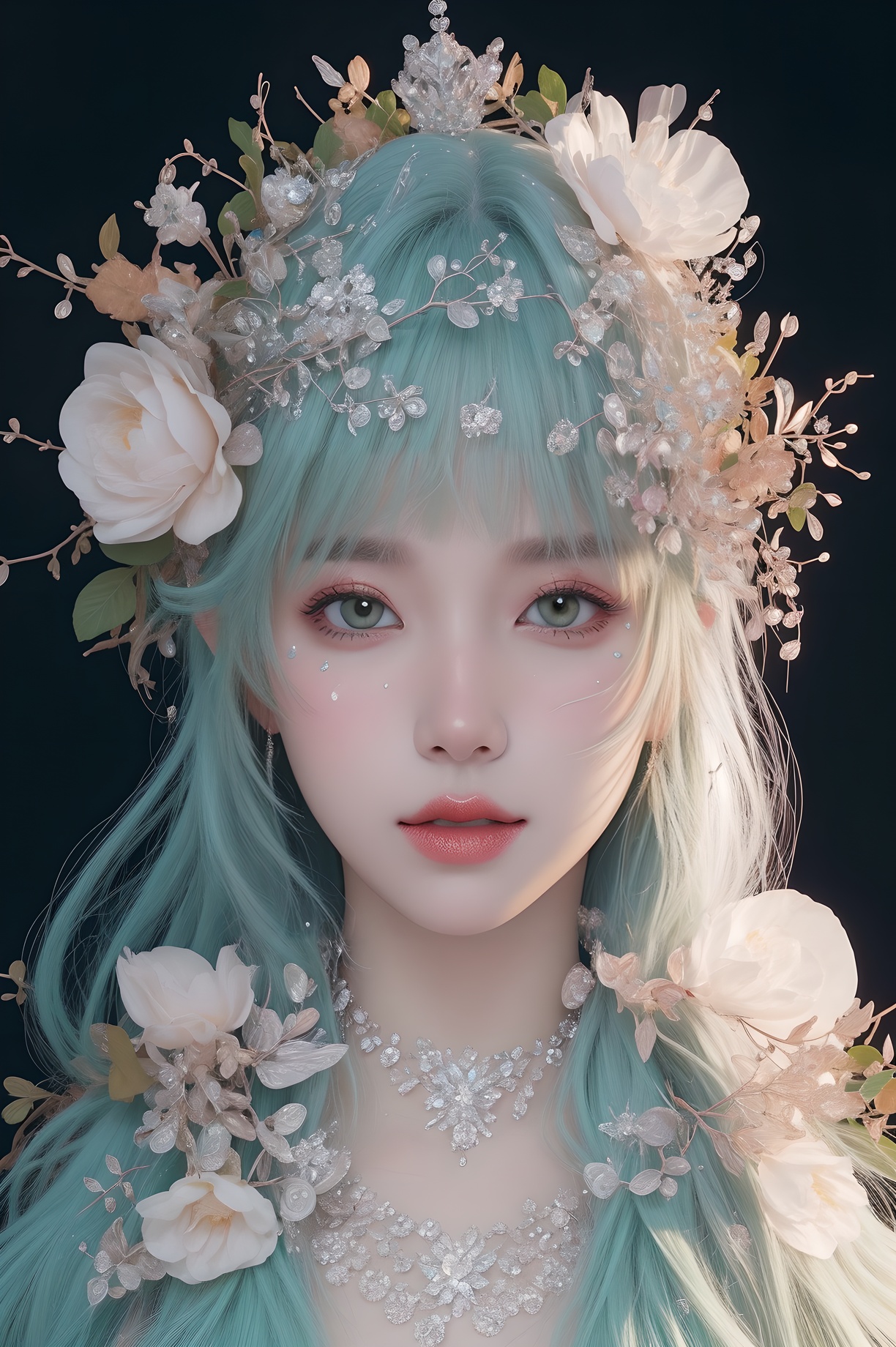 <lora:Fashion_Girl:0.66>green  theme,  snowflakes,  looking at viewer,  portrait,  colorful hair,  jewelry,  close up,  ultra high res,  deep shadow, (best quality,  masterpiece),  dimly lit,  shade, highly detailed,  bold makeup,  flower,  simple background,  depth of field,  film grain,  fashion_girl,  accessories, High detailed, (masterpiece,high quality,best quality),(colorful),(delicate eyes and face),volumatic light,ray tracing,extremely detailed CG unity 8k wallpaper,solo, indoors, palace, lights, window, decorations,(ahoge:1.3),best quality,official art,(((light from the sky))),floating hair,light shines on hair,whultra-detailed,(((extremely detailed cg 8k wallpaper))),(crystalstexture skin:1.4),(extremely delicate and beautiful),(white skin),looking_at_viewer,kinghere fensejiaren,,realistic,