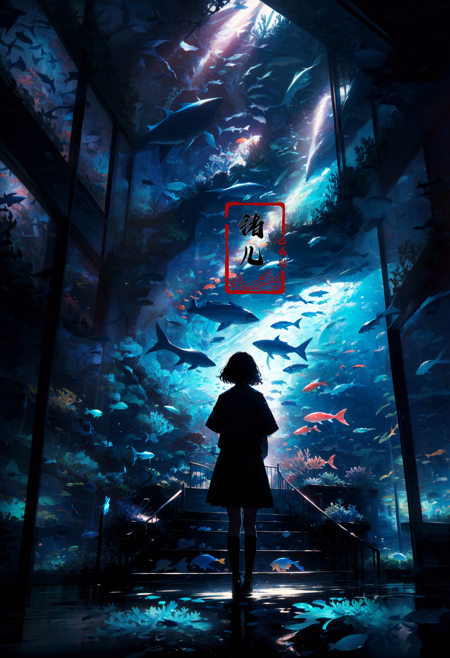 1girl, fish, stairs, scenery, solo, skirt, railing, black hair, standing, school uniform, short hair, aquarium, underwater, serafuku, black skirt, wide shot, jellyfish, shoes, pleated skirt, bubble, from behind, coral, facing away, shirt, socks,<lora:绪儿-海底世界Underwater world:0.8>