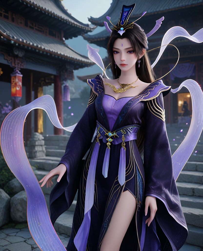 (oriental architecture, elegant decor, sophisticated style:1.1),(thoughtful pose:1.1),(breasts:1.2),<lora:XL16遮天紫府圣女紫霞:0.95>,miss zixia,atropurpureus dress,violet camisole,blue violet petticoat,amaranth eyes,forehead mark,black hair,very long hair,half-up crown ponytail,hair ornament,necklace,earrings,sash,wide sleeves,silk shawl,pelvic curtain,, score_9,score_8_up,score_7_up,score_6_up,score_5_up,score_4_up,3d rendering,tag1,tag2, Cinematic Lighting,backlighting,