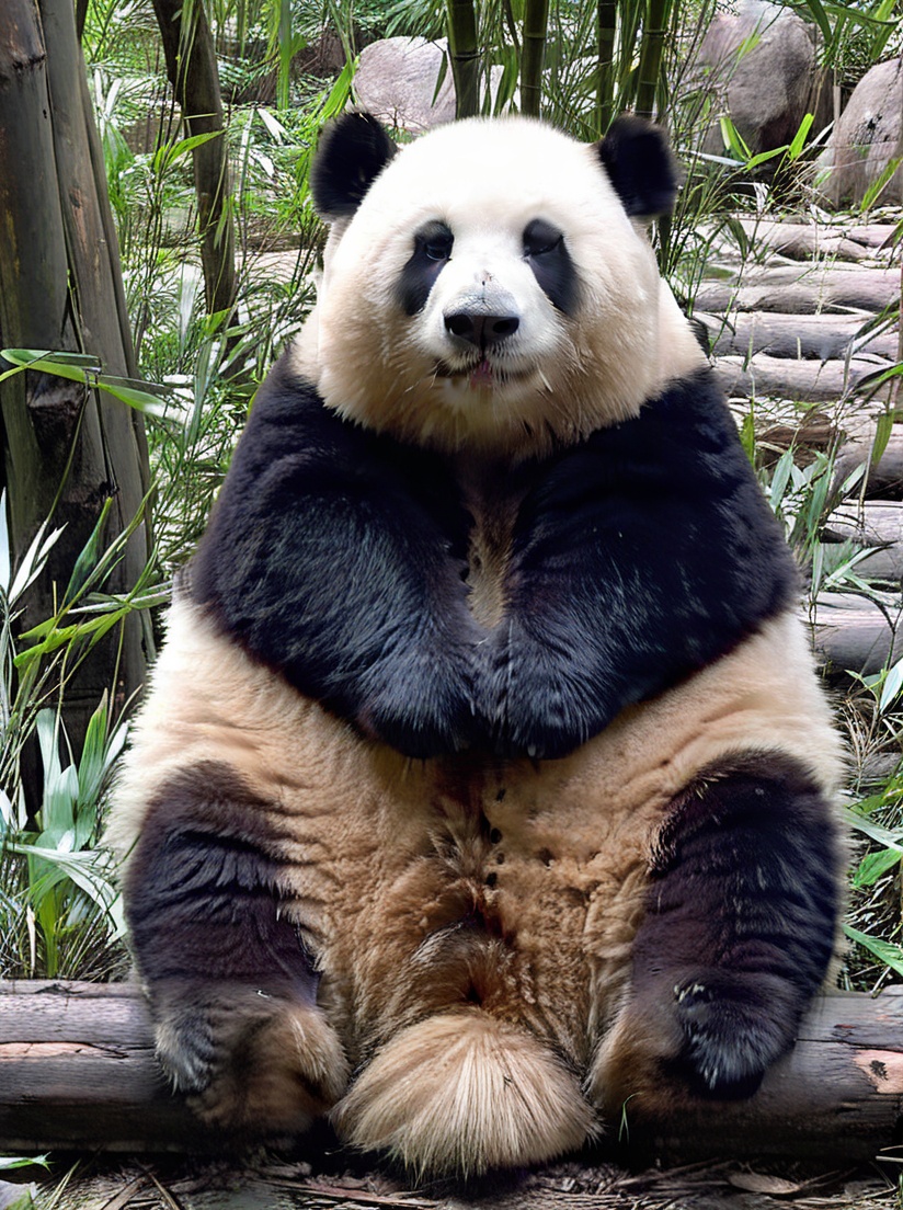 Huahua, Panda, no humans, animal, traditional media, nature, animal focus, outdoors, cat, plant, scenery, tree, forest, oversized animal, a panda bear sitting on a rock in a forest area with bamboo trees and rocks in the background and a log in the foreground,<lora:XL_HUAHUA:0.8>