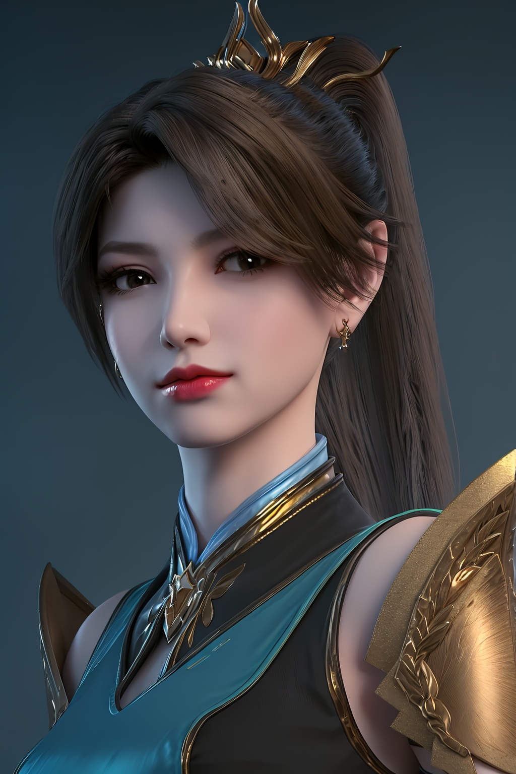 3D,masterpiece,(best quality),(makeup),official art, extremely detailed cg 8k wallpaper,((crystalstexture skin)), (extremely delicate and beautiful),(highly detailed),(face),(ponytail),(tiara),(gold_trim),(collar),(1girl), (solo), (jewelry), (earrings),(black_hair),(long_hair),(hair_ornament),(handwear),(wristband),(breast),(((portrait)),(dress),(chinese_clothes),(multicolored_clothes),(multicolored_dress),(shiny_clothes),(arm_guards),(armored_dress),(capelet),(closed_mouth),(outroom,bed),((looking_at_viewer)),((Facing the camera)),, <lora:hipoly3DModelLora_v10:0.3> 