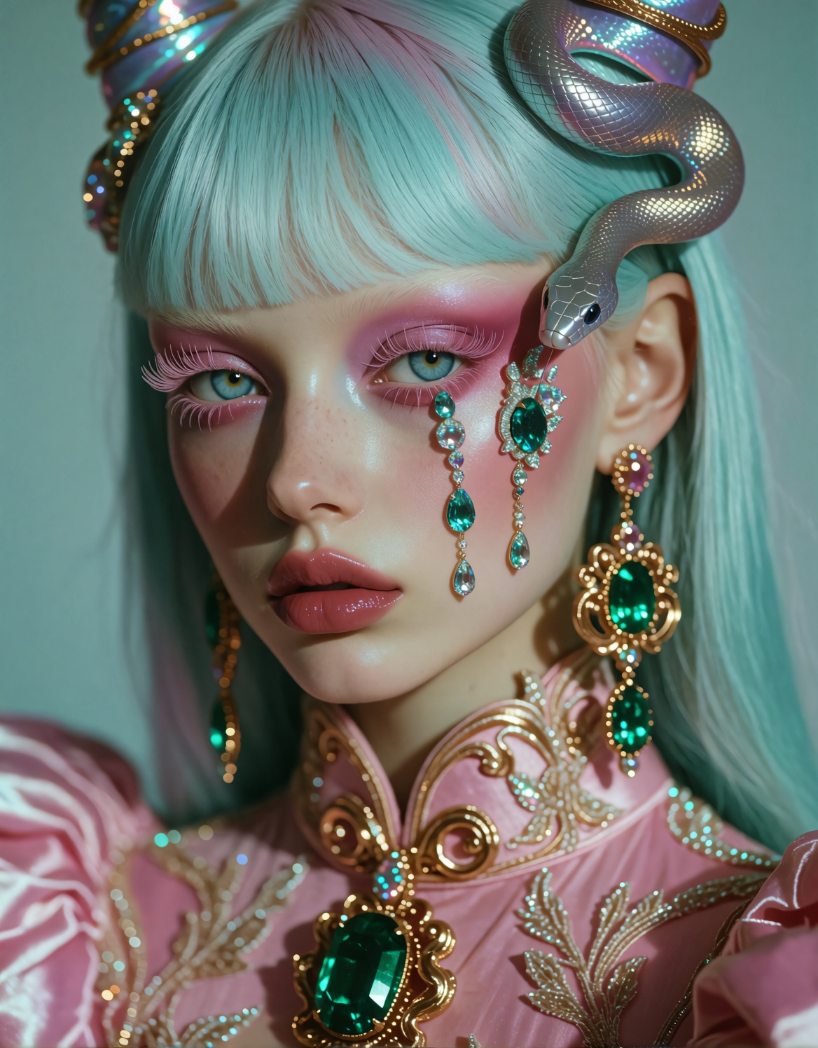 Close-up surreal fashion portrait of an ethereal young woman with pastel aqua hair and blunt bangs,  porcelain dewy skin,...