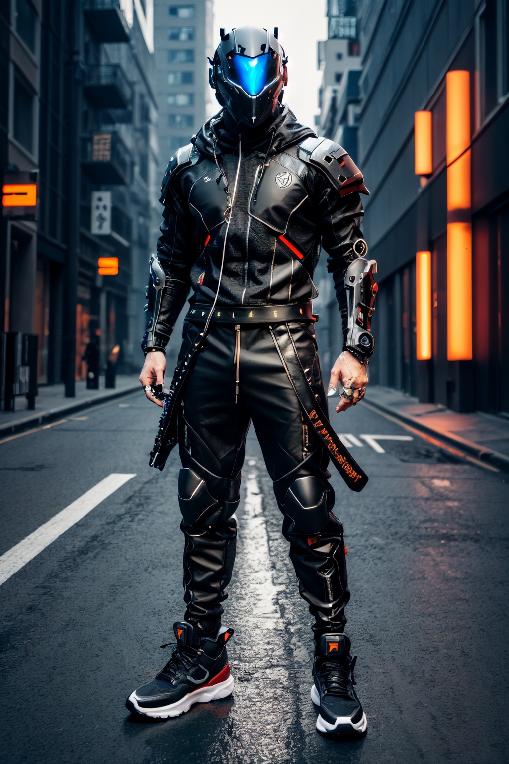 cyberpunkAI, cyberpunk character, 1boy, red and black color scheme, futuristic armor, helmet, katana, urban outfit, sneakers,,<lora:cyberpunkAI:0.8>,, masterpiece,best quality,