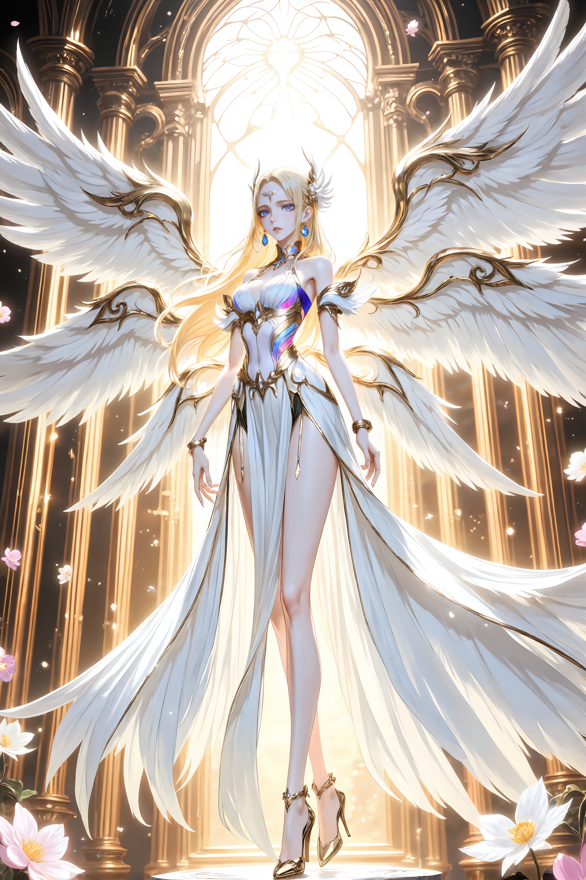 <lora:神装千仞雪-0.0894:0.8>,qianrenxue,1girl,wings,blonde hair,long hair,solo,breasts,dress,high heels,flower,angel wings,white dress,full body,blue eyes,pillar,looking at viewer,bare shoulders,jewelry,multiple wings,white wings,hair ornament,feathered wings,earrings,parted lips,10,close-up details,outstanding style,adding a touch of dimension to your images without compromising details,whirls of vapor,iridescent textures,(Anime:1.1),ethereal ambiance,delicate details,magical high-concept,32K UHD,sharp focus,best-quality,masterpiece,golden hour,unconventional supreme masterpiece,masterful details,temperate atmosphere,with a high-end texture,in the style of fashion photography,photography,cover,dynamic angle,dynamic posture,(artist:quasarcake:0.8),extreme aesthetic,(wlop:0.6),(honjou raita, lack, rella:0.5, wanke),masterpiece,best quality,good quality,very aesthetic,absurdres,visual impact,a shot with tension,ultra-high resolution,32K UHD,sharp focus,best-quality,masterpiece,emotionalization,unconventional supreme masterpiece,masterful details,temperate atmosphere,with a high-end texture,in the style of fashion photography,(visual impact:1.2),giving the poster a dynamic and visually striking appearance,impactful picture,official art,colorful,splash of color,movie perspective,masterpiece,best quality,amazing quality,very aesthetic,absurdres,best quality,newest,
