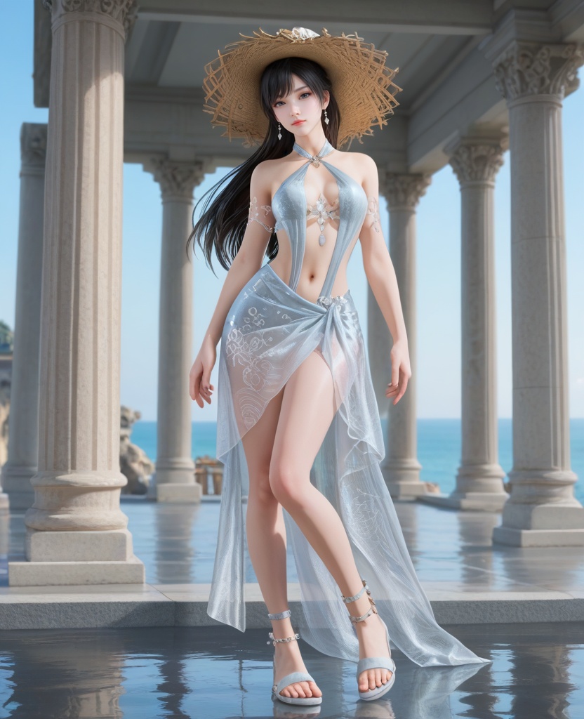 (oriental architecture, elegant decor, sophisticated style:1.1),(Leaning against a pillar or column, looking thoughtful and introspective,:1.1),(breasts:1.2),<lora:XL16永劫无间顾清寒仲夏霜华:0.95>,miss guqinghan,glacial bikini set,sheer beach sarong with frost patterns,black hair,half-up crown updo with long cascading hair,navel,armlet,sandals,summer straw hat,ocean,, score_9,score_8_up,score_7_up,score_6_up,score_5_up,score_4_up,3d rendering,tag1,tag2, Cinematic Lighting,backlighting,