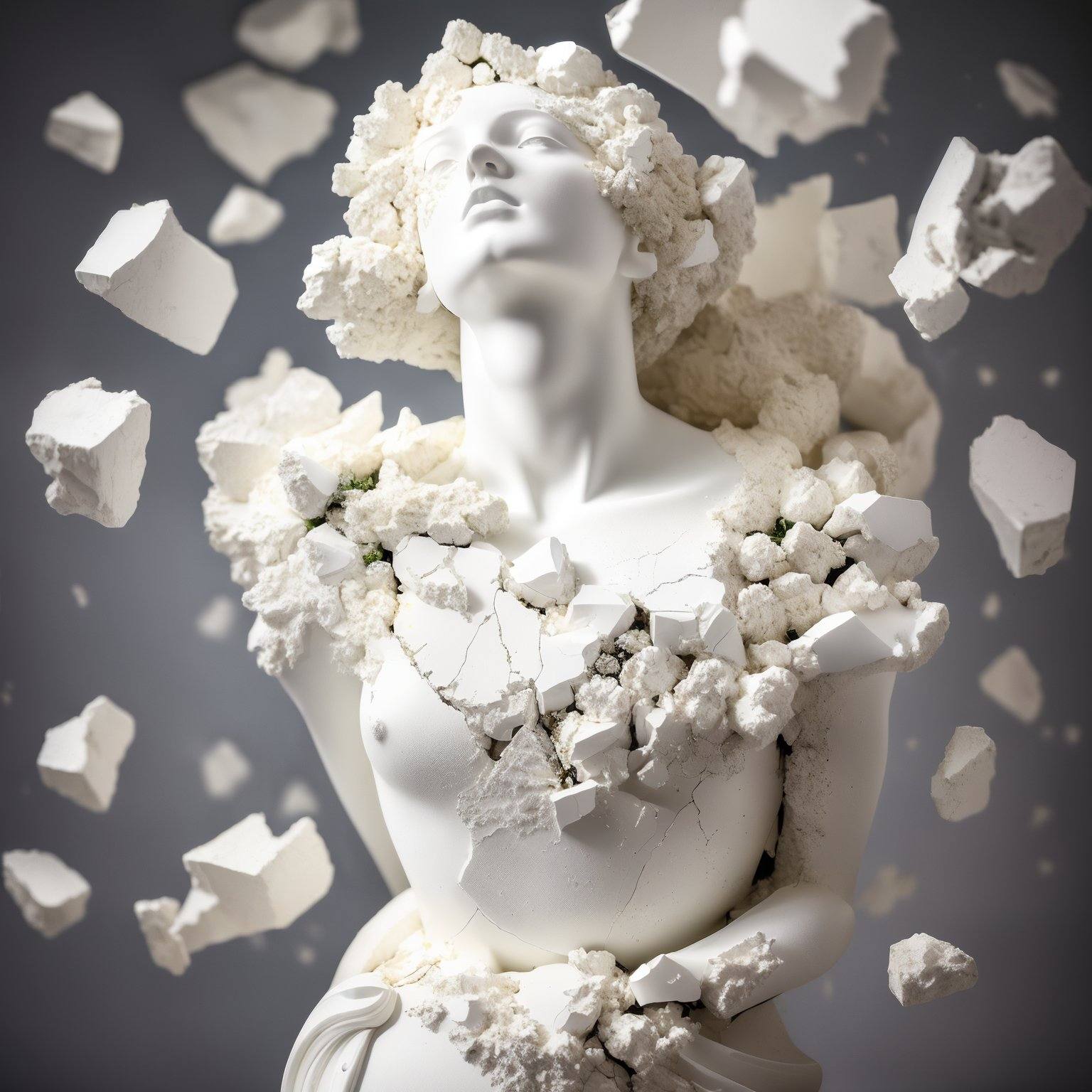 exploding breaking white broken marble statue with cracks of a person with flowers bursting from inside on Tensor.Art