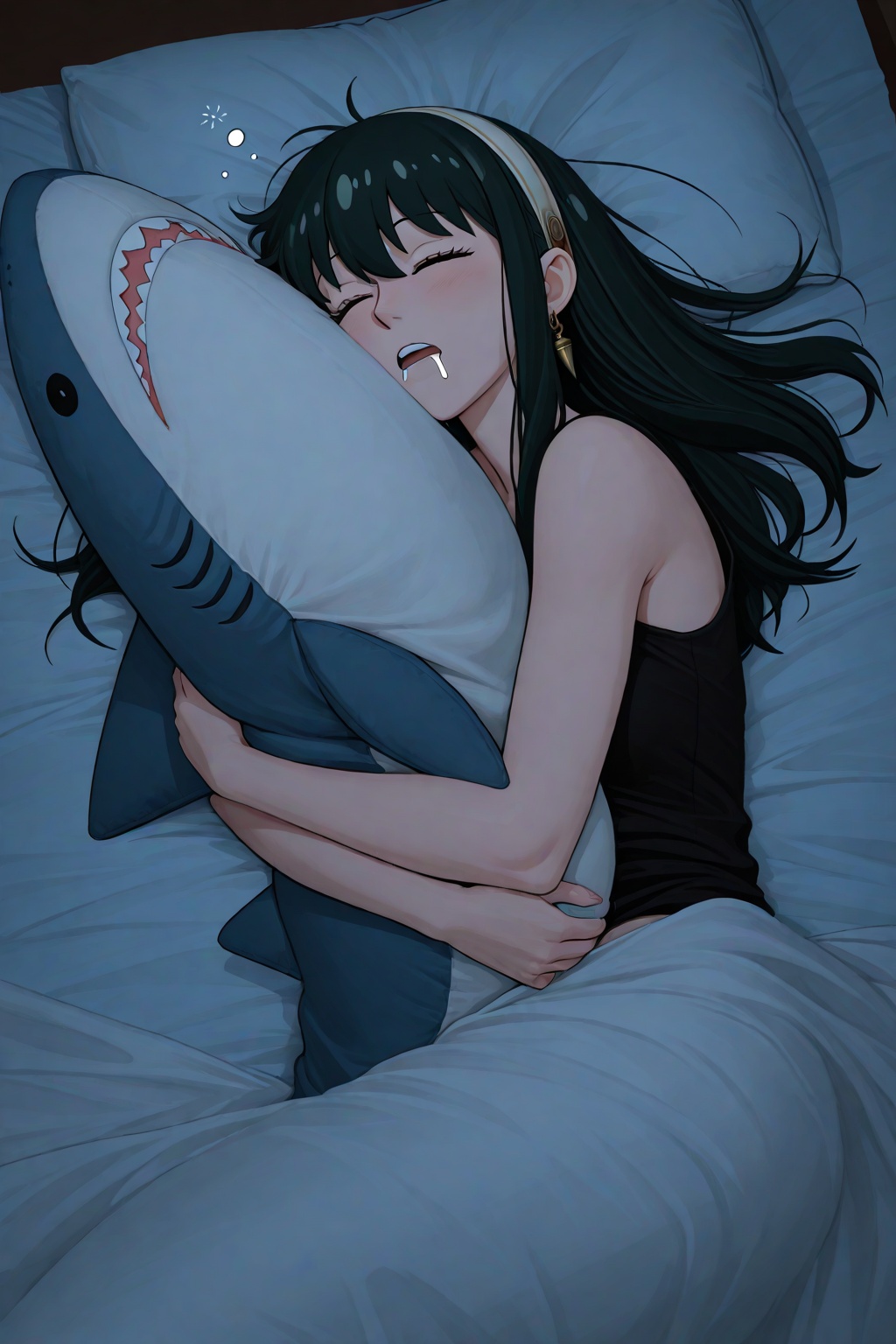 embedding:IllusP0s, s0larpunk, blahaj_\(stuffed shark\), 1girl, hugging, squeans, mouth open, drooling, from above, bed, sleeping, eyes closed, yor_briar_\(spy x family\), night, solo, black **** top, sleeveless, sheets,