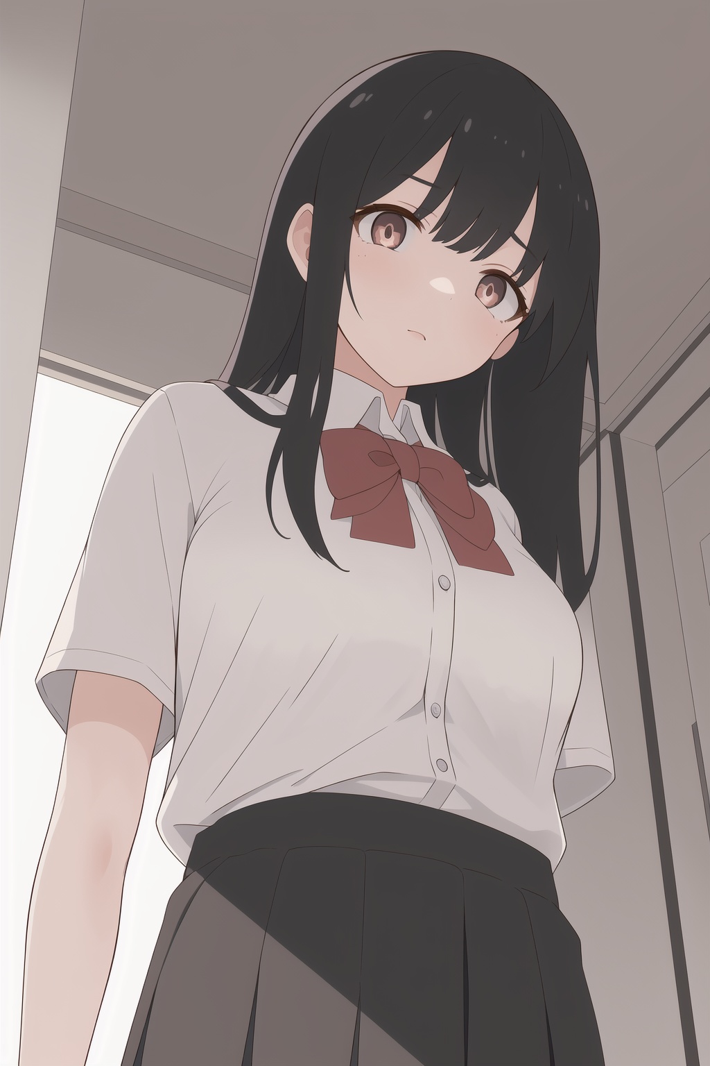 1girl,upper body,sunlight,lovely,atmospheric perspective,vanishing point,Hair detailing,GTS,Giantess,Cramped,PlanetaryGTS,Looming,from below,(masterpiece),(best quality),(very detailed),Neat and clean girls' high school uniform with black hair is huge and the pants are exposed,<lora:povFacesitting:0.8>,