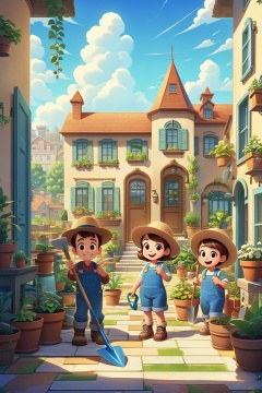 cartoon, an opened field in between two big elegant city apartment building with a garden entrance, a group of cute farmer kids smiling and standing proudly in overalls, shorts, hats, holding shovels, potted plants, the floor potted plants, farmer tools and a water hose, sunny day, cartoon, pixar style
