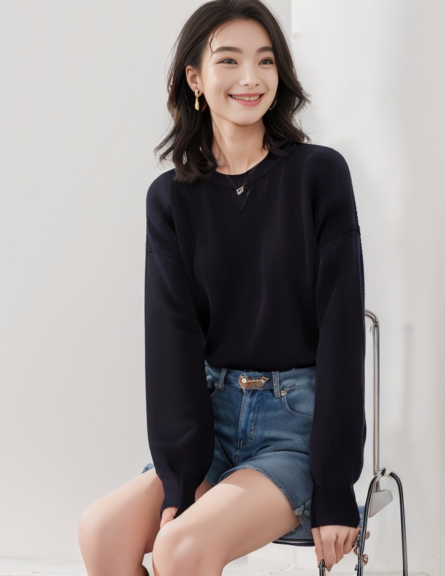 1girl, and, background, bag, behind, black, buckle, earrings, full, hair, hand, her, jewelry, legs, lips, long, looking, parted, shirt, sitting, smile, solo, standing, striped_shirt, sweater, the, with, <lora:SD1.5_SpringCloth1.28:0.8>