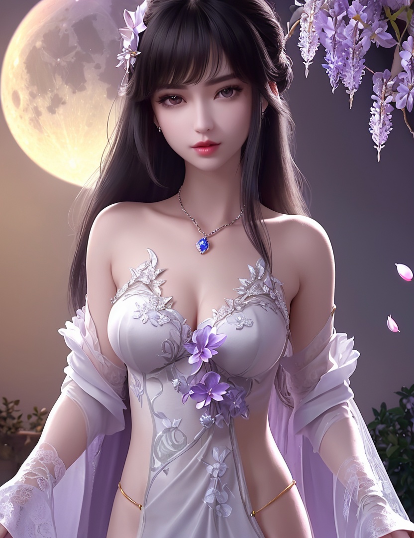ultra realistic 8k cg, picture-perfect face, flawless, clean, masterpiece, professional artwork, famous artwork, cinematic lighting, cinematic bloom, perfect face, beautiful face, fantasy, dreamlike, unreal, science fiction,   lace, lace trim, lace-trimmed legwear,  (rich:1.4), prestige, luxury, jewelry, diamond, gold, pearl, gem, sapphire, ruby, emerald, intricate detail, delicate pattern, charming, alluring, seductive, erotic, enchanting, hair ornament, necklace, earrings, bracelet, armlet,halo((,1girl, pov,))(((1girl, jewelry, solo,breasts, looking_at_viewer,  outdoors,  full moon,  upper body, wisteria, chloris garden,  cherry blossoms, )))    <lora:DA_YueChanTeen:0.6>