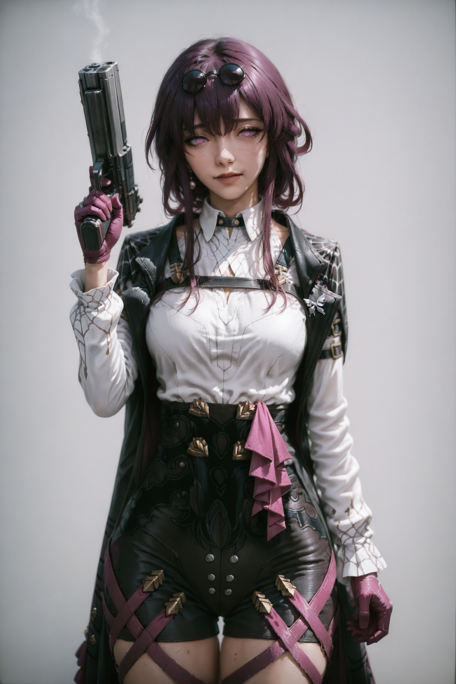 realistic photography,detailed,.,.,.,1girl,cowboy shot,.,<lora:ME:0.9>,art,simple background,kafka \(honkai: star rail\),holding gun,embarrassed,point a gun at viewer,, very awa, masterpiece, best quality, highres, absurdres,