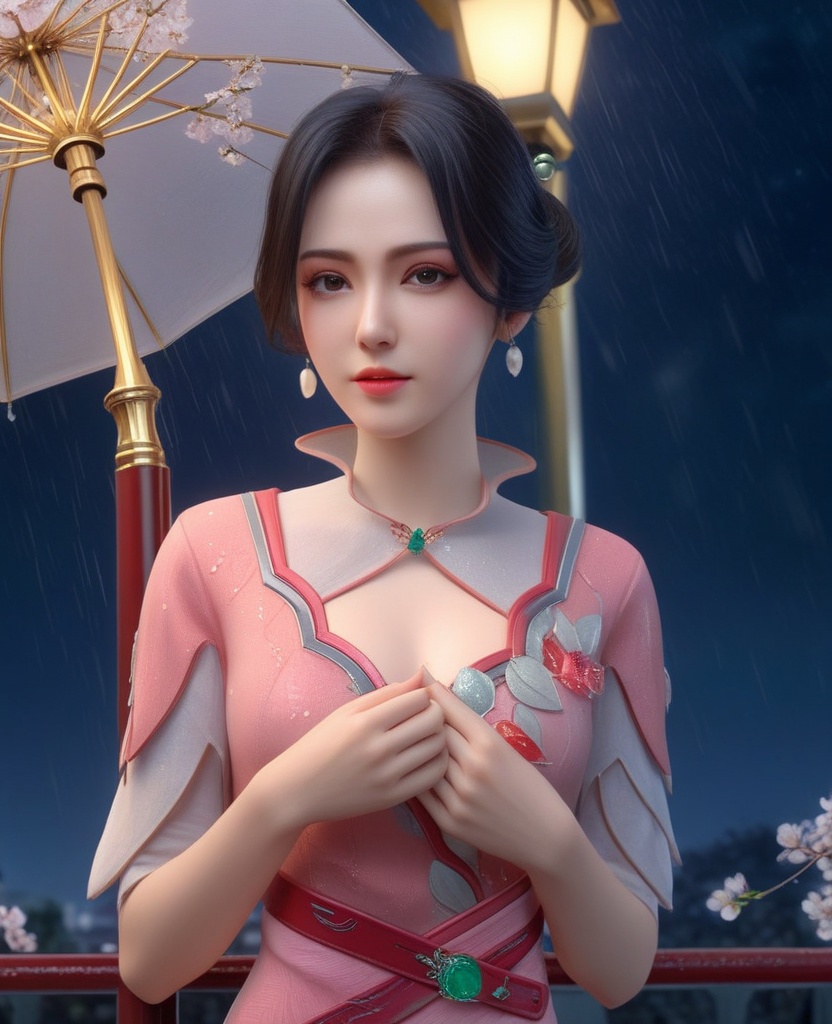 <lora:703-DA-XL-少年歌行-墨花雪:0.8>(,1girl, ,best quality, ),looking at viewer, ,ultra detailed 8k cg, ultra detailed background,  ultra realistic 8k cg,          cinematic lighting, cinematic bloom, (( , )),,  , unreal, science fiction,  luxury, jewelry, diamond, pearl, gem, sapphire, ruby, emerald, intricate detail, delicate pattern, charming, alluring, seductive, erotic, enchanting, hair ornament, necklace, earrings, bracelet, armlet,halo,masterpiece, (( , )),,  ,cherry blossoms,(((, night,night sky,lamppost,  ultra high res, (photorealistic:1.4), raw photo, 1girl, , rain, sweat, ,wet, )))(( , ))   (cleavage), (),