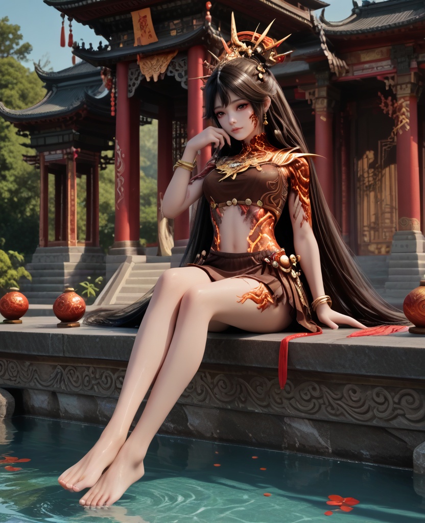 (oriental architecture, elegant decor, sophisticated style:1.1),(Sitting on the edge of a pool, dipping toes in the water:1.1),(breasts:1.2),<lora:XL16牧神记炎晶晶:0.95>,teenage girl,brown crop top,brown eyes,black hair,absurdly long hair,hair ornament,bracelet,lava skin,brown skirt,faulds,, score_9,score_8_up,score_7_up,score_6_up,score_5_up,score_4_up,3d rendering,tag1,tag2, Cinematic Lighting,backlighting,