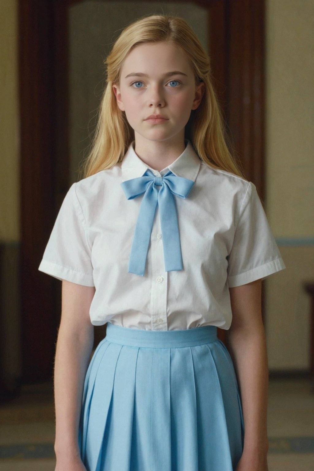HDR photo of cinematic film still, 15-year-old girl with blue eyes and blonde hair, She wears a white short-sleeved blouse with a light blue bow tie and a matching light blue pleated skirt. <lora:20251228_TinZ-ImageCheongsamLora10:0>