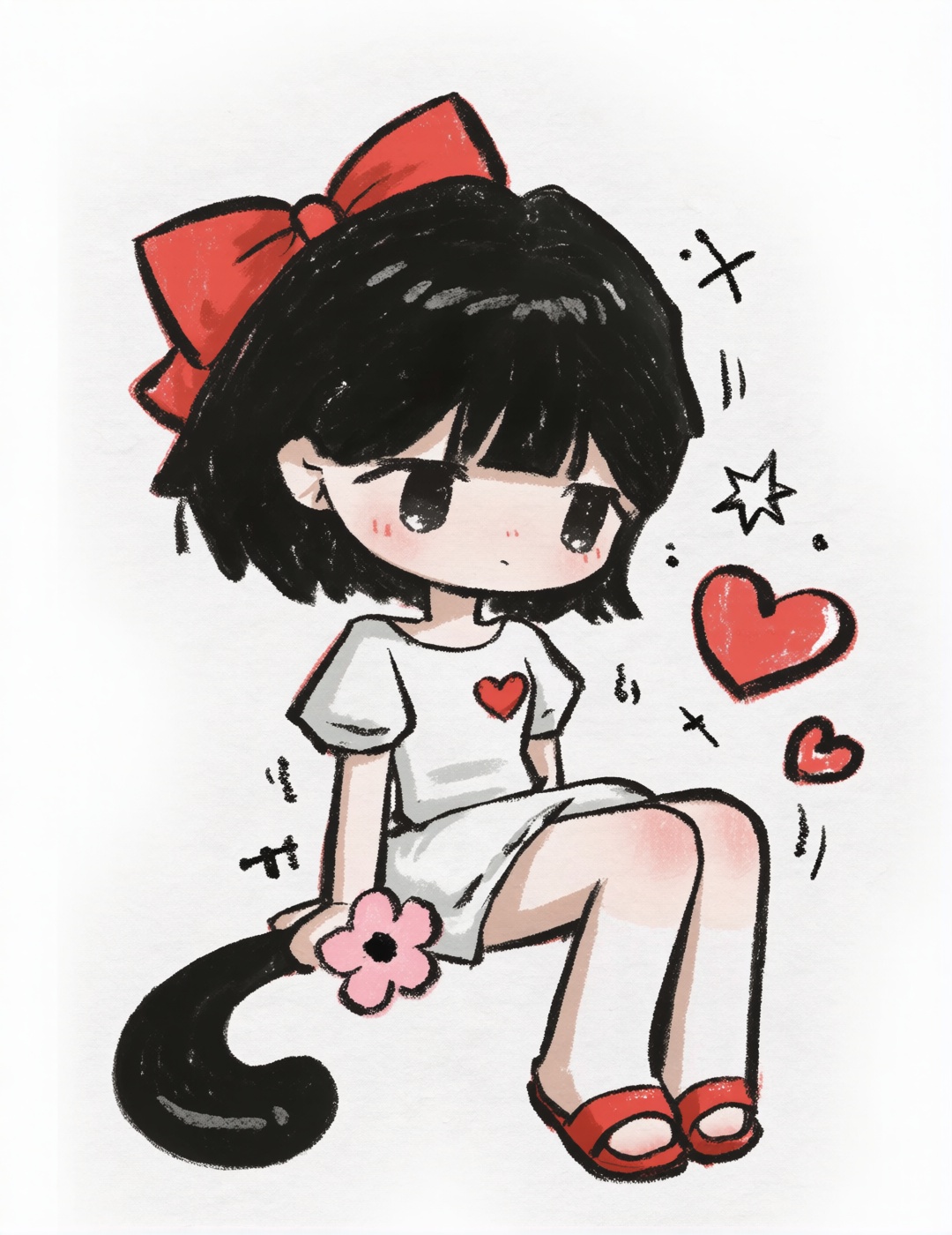 A chibi-style girl with short,  textured black hair and a large red bow sits slightly turned,  her oversized dark eyes gaz...