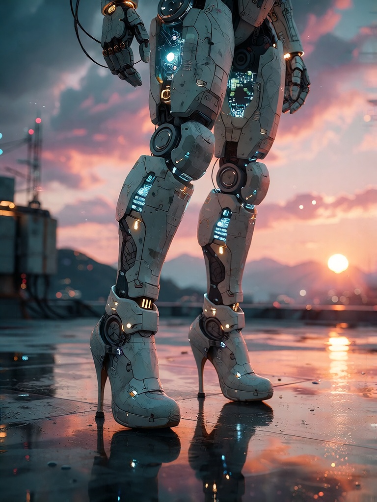 Bradhamel art style. A futuristic cybernetic woman’s legs and high-heeled boots stand poised on a reflective rooftop at su...