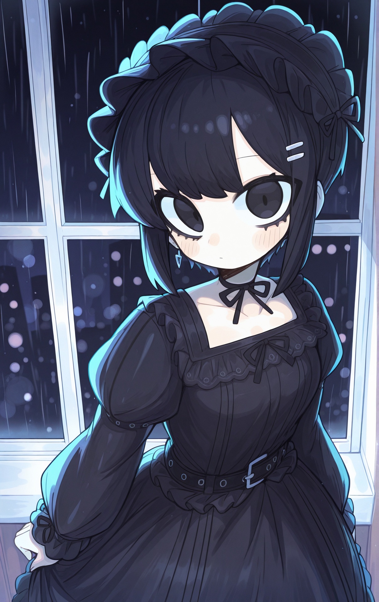 artist:ketopon, 1girl, belt, black belt, black dress, black eyes, black hair, black hairband, black ribbon, black theme, closed mouth, collarbone, cowboy shot, dress, expressionless, film grain, gothic lolita, hair ornament, hairband, hairclip, indoors, kurosaki reika \(ketopon\), lolita fashion, lolita hairband, long sleeves, neck ribbon, night, puffy long sleeves, puffy sleeves, rain, ribbon, short hair, square neckline, window,masterpiece,best quality,good quality,newest,year 2024,year 2023,very aesthetic,absurdres,Visual impact,A shot with tension,ultra-high resolution,32K UHD,sharp focus,best-quality,masterpiece,<lora:ketopon_v0.1_Illustrious-000034:1>,