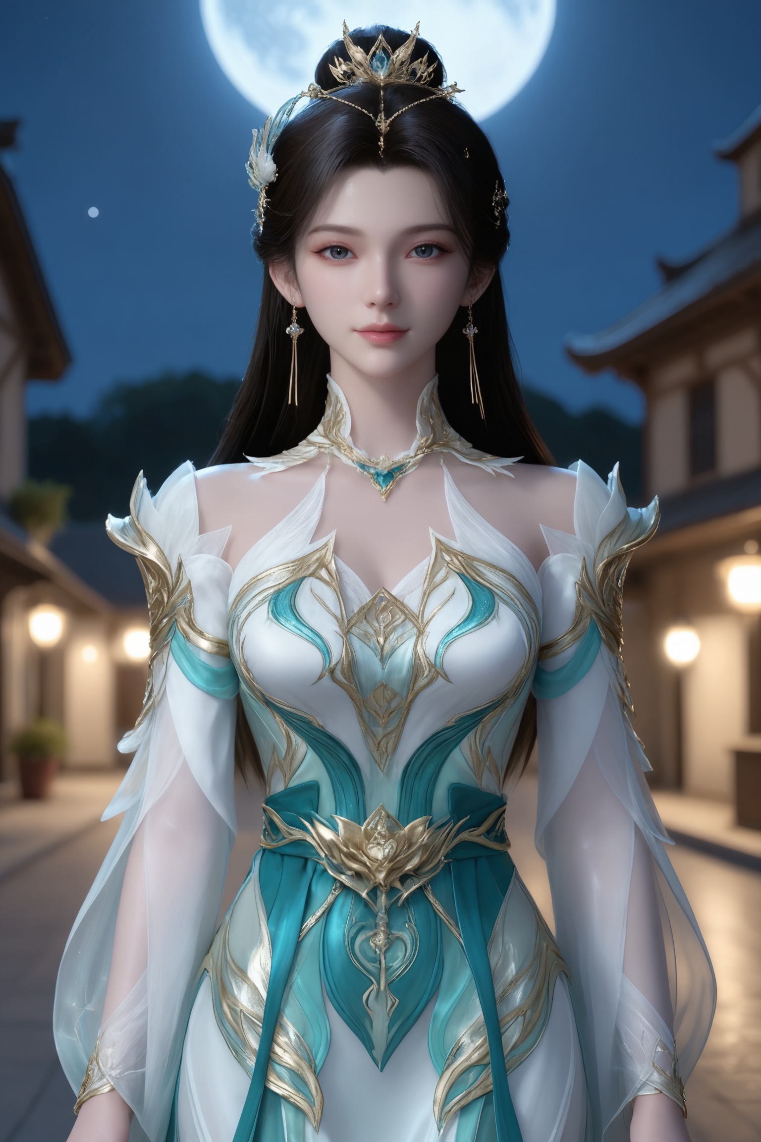 <lora:斗破苍穹-古薰儿-斗圣Pony:0.7>,1girl,long dark hair,floral crown,intricately designed,flowing gown with white,teal,and silver,intricate,ornate patterns,high collar,long sleeves,high slit skirt,, 1girl,solo,shiny,shiny_hair,upper_body,fair_skin,white_skin,shiny_skin,shiny,Ivory_skin,looking at viewer,cinematic lighting,volumetric lighting,solo focus,blurry background,depth of field,night,sky,night sky,full moon,moonlight,