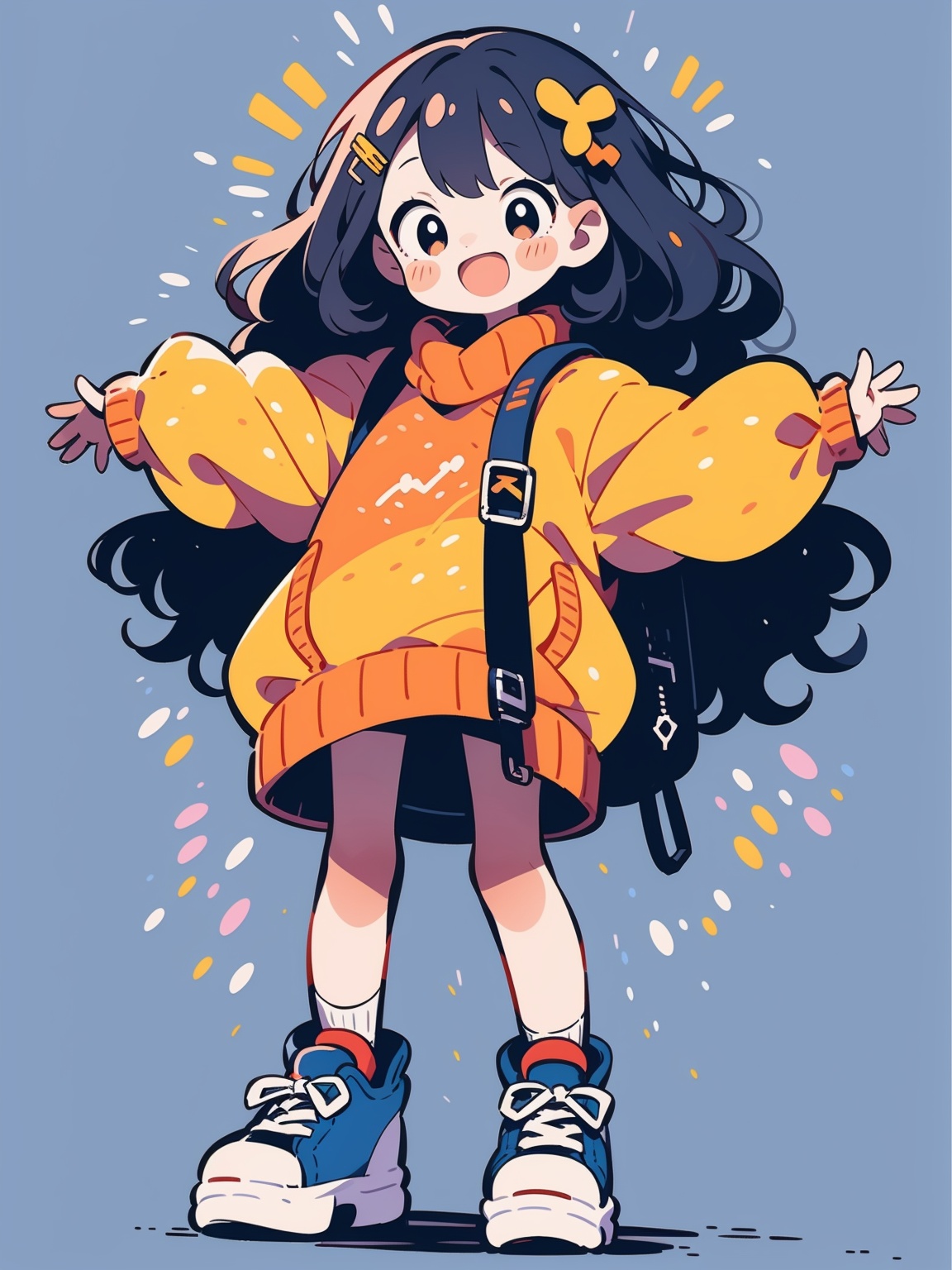 HTTP, 1girl, solo, smile, open mouth, hair ornament, shoes, sweater, long sleeves, simple background, looking at viewer, full body, black eyes<lora:HTTP_20231126194709-000006:1>