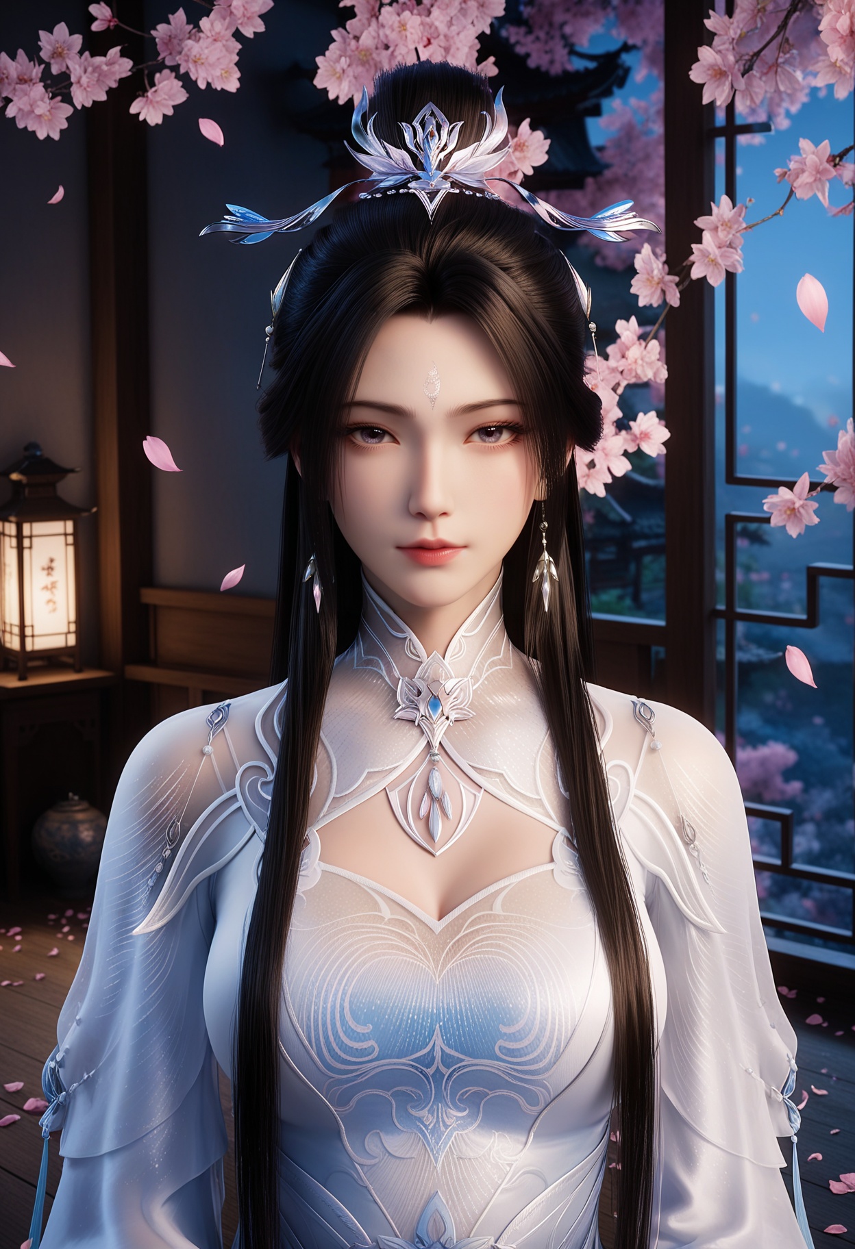 masterpiece,best quality,amazing quality,very aesthetic,high resolution,ultra-detailed,absurdres,scenery,photorealistic,(looking at viewer:1.1),(upper body:1.2),(Dark room:1.3),(moody lighting:1.1),peach blossom,falling petals,(large breasts:0.8),luxueqi,1girl,solo,black hair,long hair,dress,jewelry,earrings,hair ornament,forehead mark,white dress,hair bun,realistic,chinese clothes,shoes BREAK photorealistic details,<lora:QQSillluxueqiV1:0.8>,