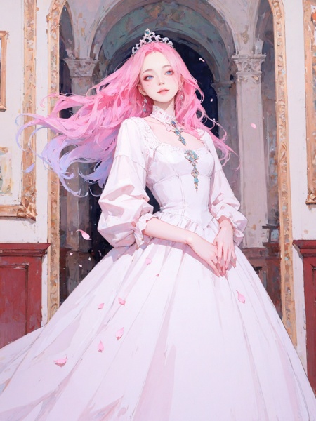 masterpiece, very awa, very aesthetic, newest,best quality, amazing quality, delicate,minimalism, ethereal atmosphere, rococo movement,deep violet french palace interior, flowing petal, vivid color,dynamic angle, dynamic pose, detailed background, princess dress,a girl, gorgeous girl, detailed face,sleek long hair, flowing hair,looking at viewer, light smile