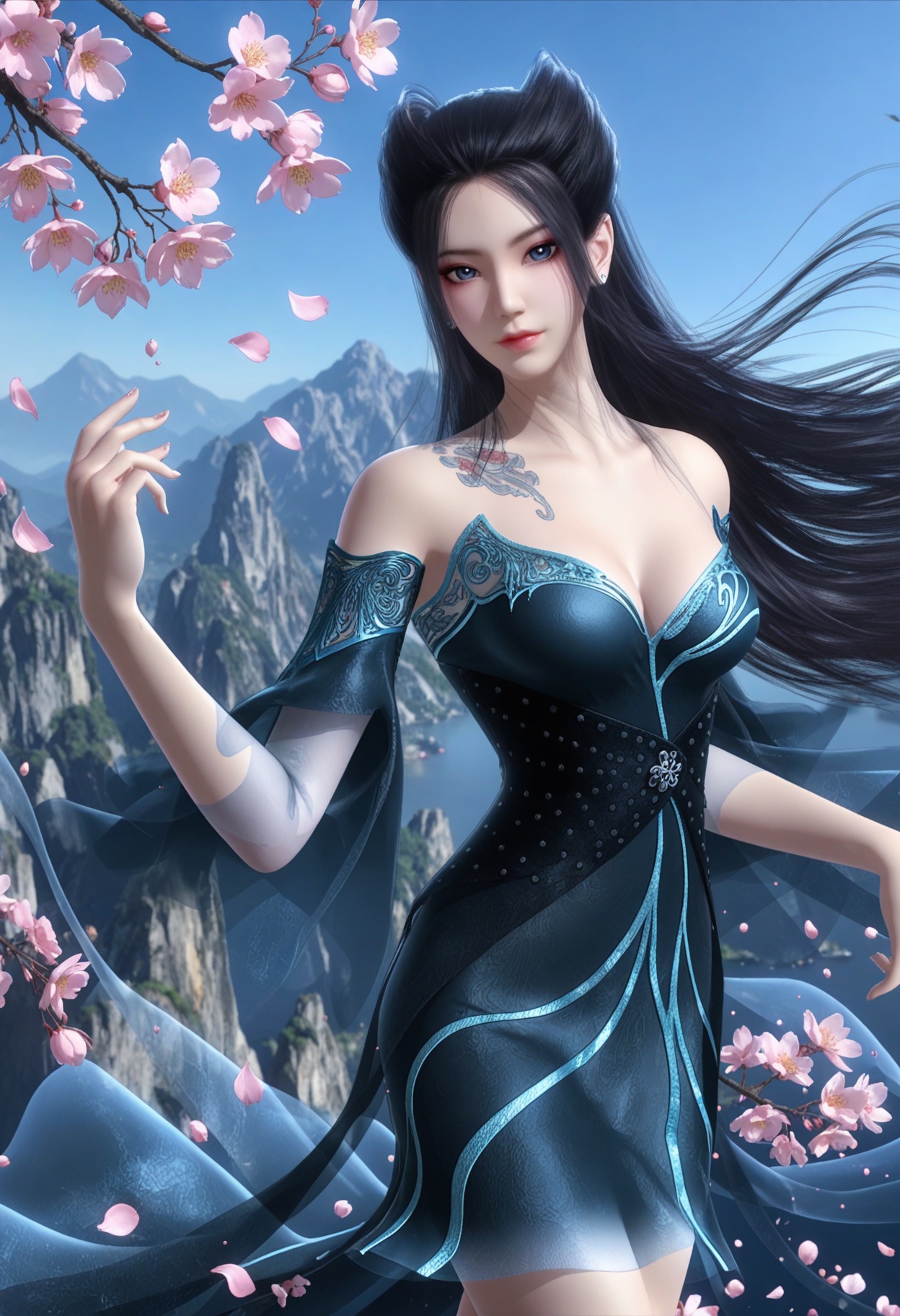 (upper_body:1.2),(looking_at_viewer:1.4),fantasy,dreamlike,Pastel Colors,hyper realistic,southeast asia,aestheticism,beautiful detailed sky,chinese mythology,wonderland,peach blossom,falling petals,smog,yunxia,<lora:YQ_li光辉v5_焰灵姬蓝衣_V1:0.8>,1girl,solo,q1528437228,black_hair,long_hair,dress,bare_shoulders,breasts,blue_eyes,realistic,cleavage,hair_bun,detached_sleeves,jewelry,blue_dress,earrings,high_heels,black_dress,piercing,tattoo,ear_piercing,shoes,footwear,
