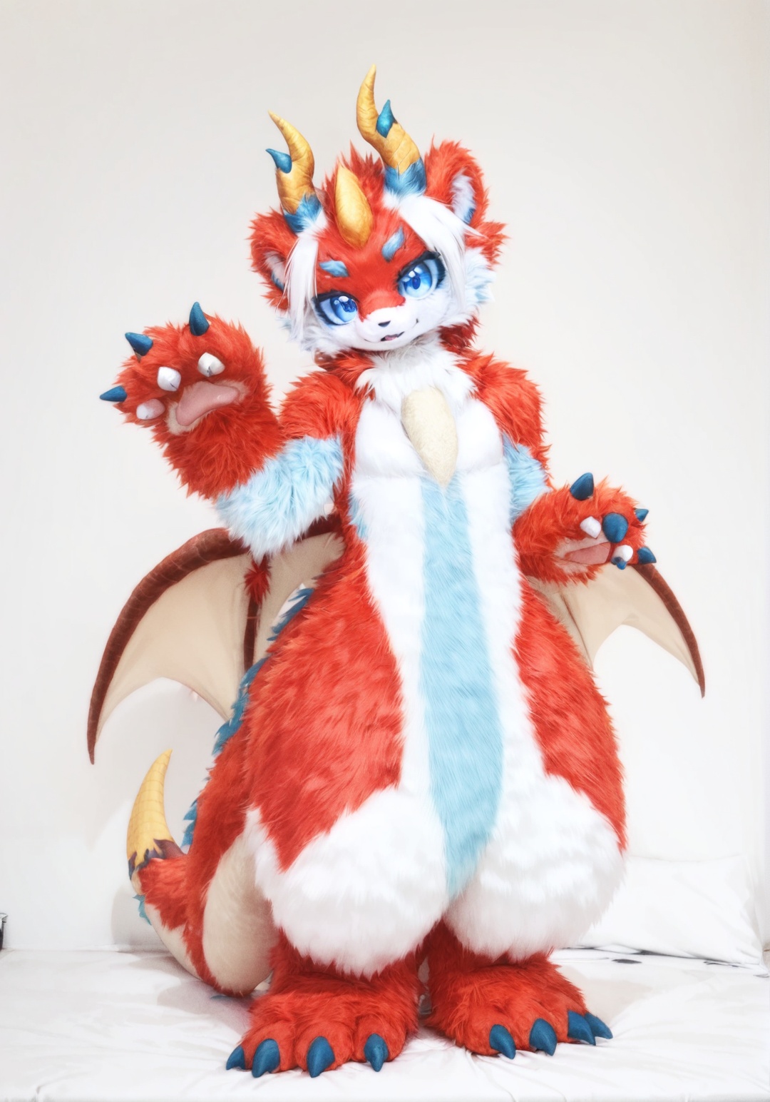 score_9,score_8_up,score_7_up,realistic,photo realistic,(masterpiece, best quality:1.2),(furry:1.2),furry dragon,horns,red and white fur,furry paws,white background,blue eyes,furry ears,full fur suit,realistic,solo,full body,<lora:FullFurSuitXLLora:0.9>,