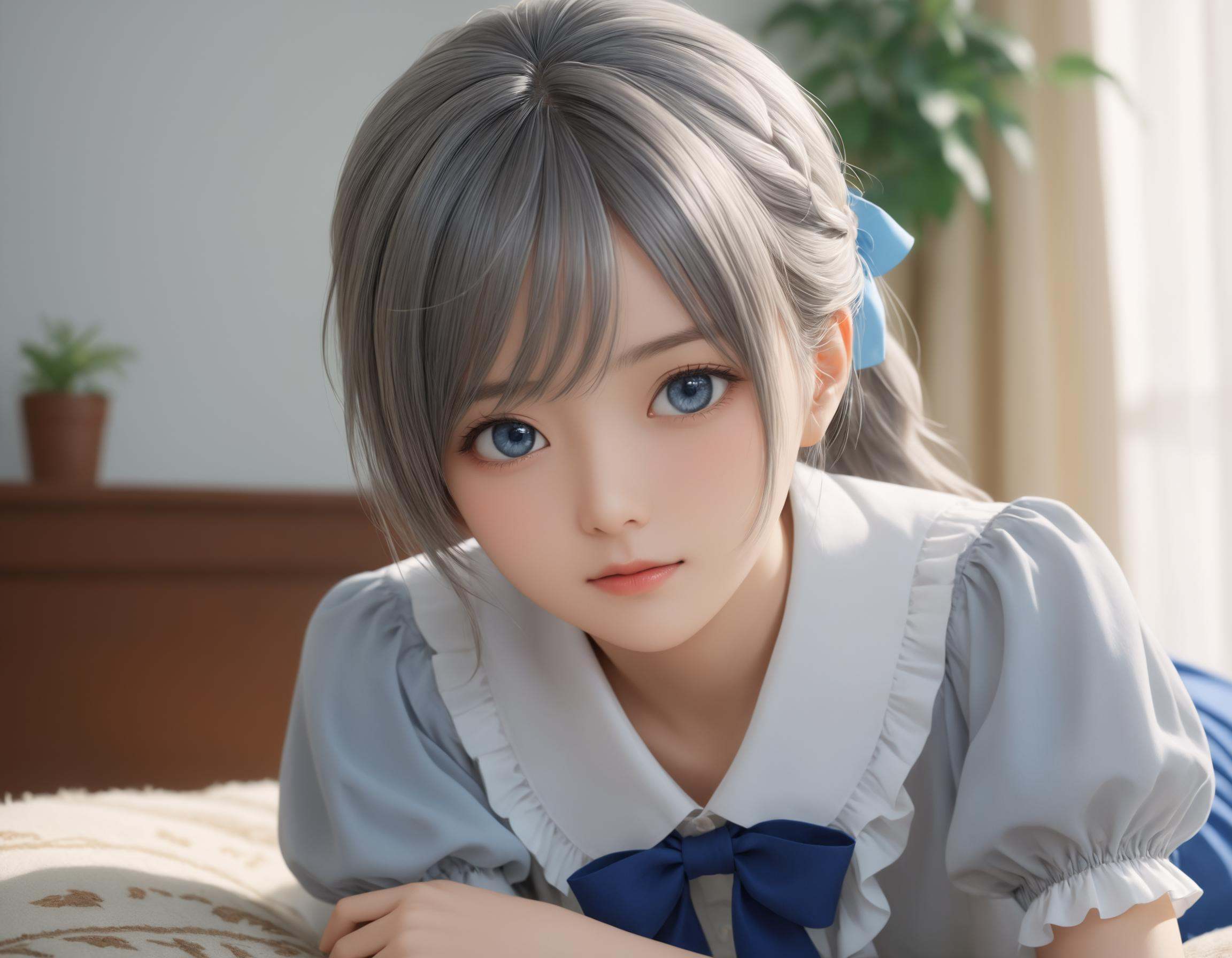 Depth of field. Upper body shot. Shooting from below. 1girl. Solo. Neutral expression. Lying on the sofa. Looking at viewe...