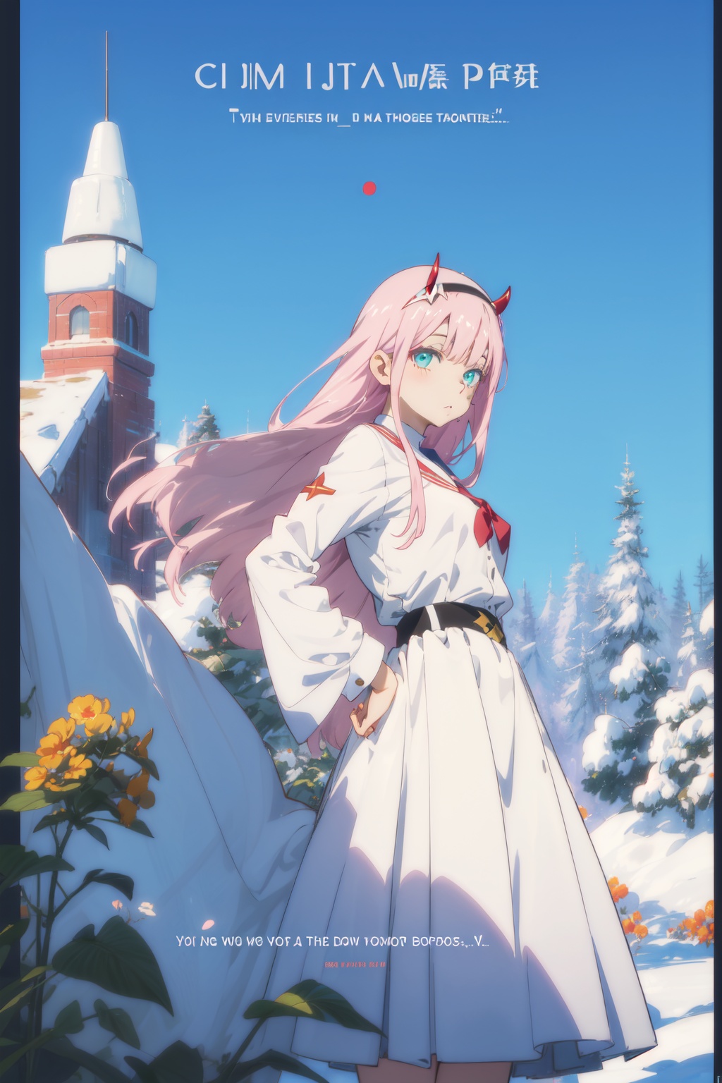 1girl,looking at viewer,solo,anime coloring,long hair,pink hair,straight hair,bangs,white hairband,horns,green eyes,eyeshadow,02_CYQL,<lora:02:0.8:lbw=MIDD>,Frilled shirt with puffed sleeves paired with a satin long skirt and ankle strap heels,(smug straddling upper_body from_side:1.1),beautiful face,beautiful eyes,glossy skin,shiny skin,Sunflowers, Field, Sky, Sunlight, Bees, Yellow, Horizon, Serenity,Climbing roses, Snow-covered cottage, Winter garden, Snowflakes, Winter wonderland, English charm,beautiful detailed sky,beautiful detailed glow,(movie poster:1.2),(border:1.3),(English text:1.4),posing in front of a colorful and dynamic background,masterpiece,best quality,beautiful and aesthetic,contrapposto,female focus,fine fabric emphasis,wallpaper,fashion,depth of field,intricate_detail,finely_detailed,fine_fabric_emphasis,glossy,<lora:增强减少细节add_detail:0.4>,