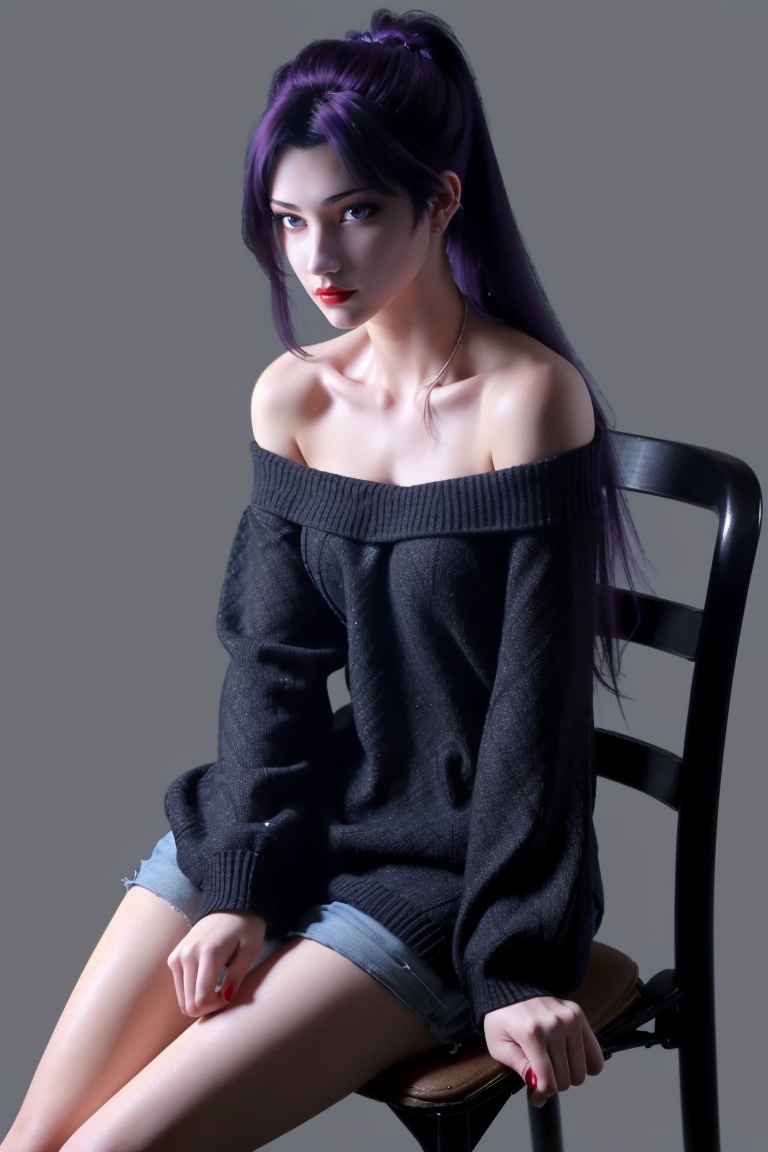 ((HRD, HUD, 8K)),((masterpiece, best quality)), highly detailed, 1girl, solo, long hair, purple hair, black hair, ponytail, blue eyes, lips, red lips, lipstick, nose, makeup,(off-shoulder sweater:1.2), denim shorts, simple background, grey background, flat color background, cowboy shot, sitting on chair, looking at viewer, <lora:斗破苍穹特别篇1云韵黑袍_v3.0 :0.7>